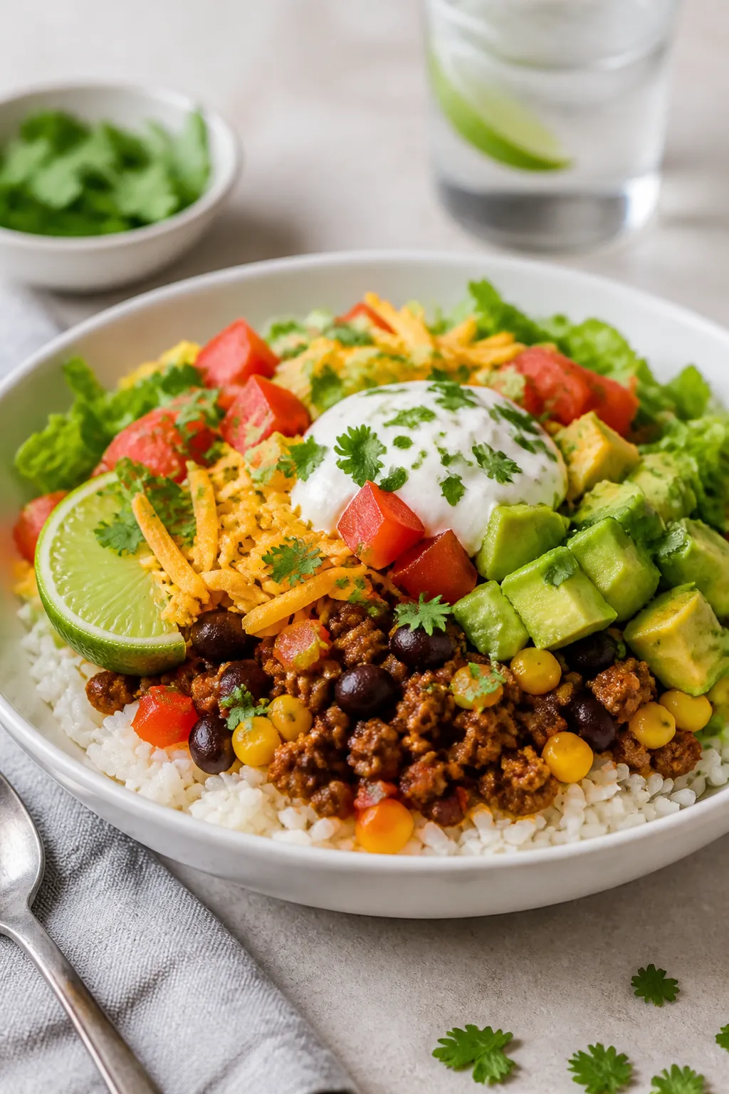 Final plated bowl, three-quarter angle: High Protein Taco Beef Bowl built over fluffy white rice, to