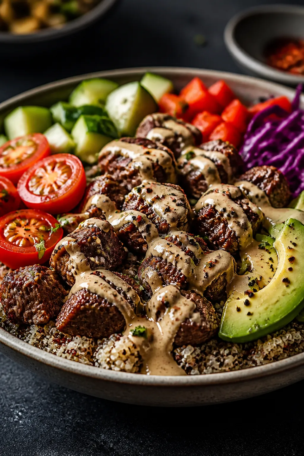 Final plated close-up: Restaurant-quality presentation of Beef and Quinoa Protein Bowl with spicy ta