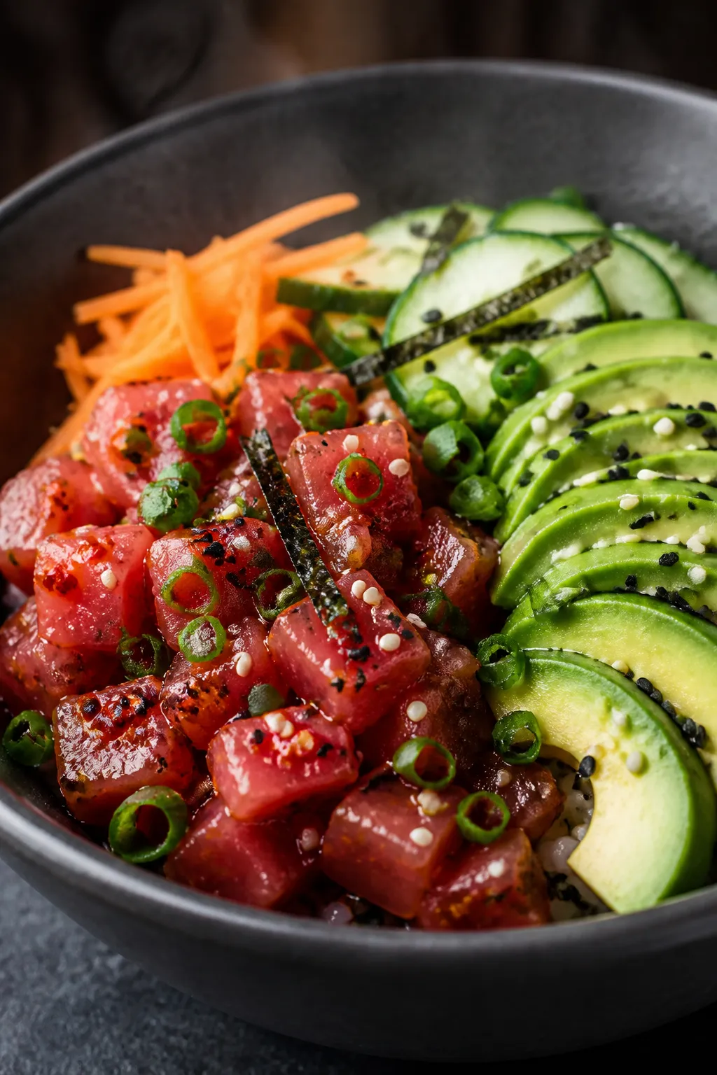 Final plated detail: Restaurant-quality close-up of the finished bowl focusing on textureâglossy,