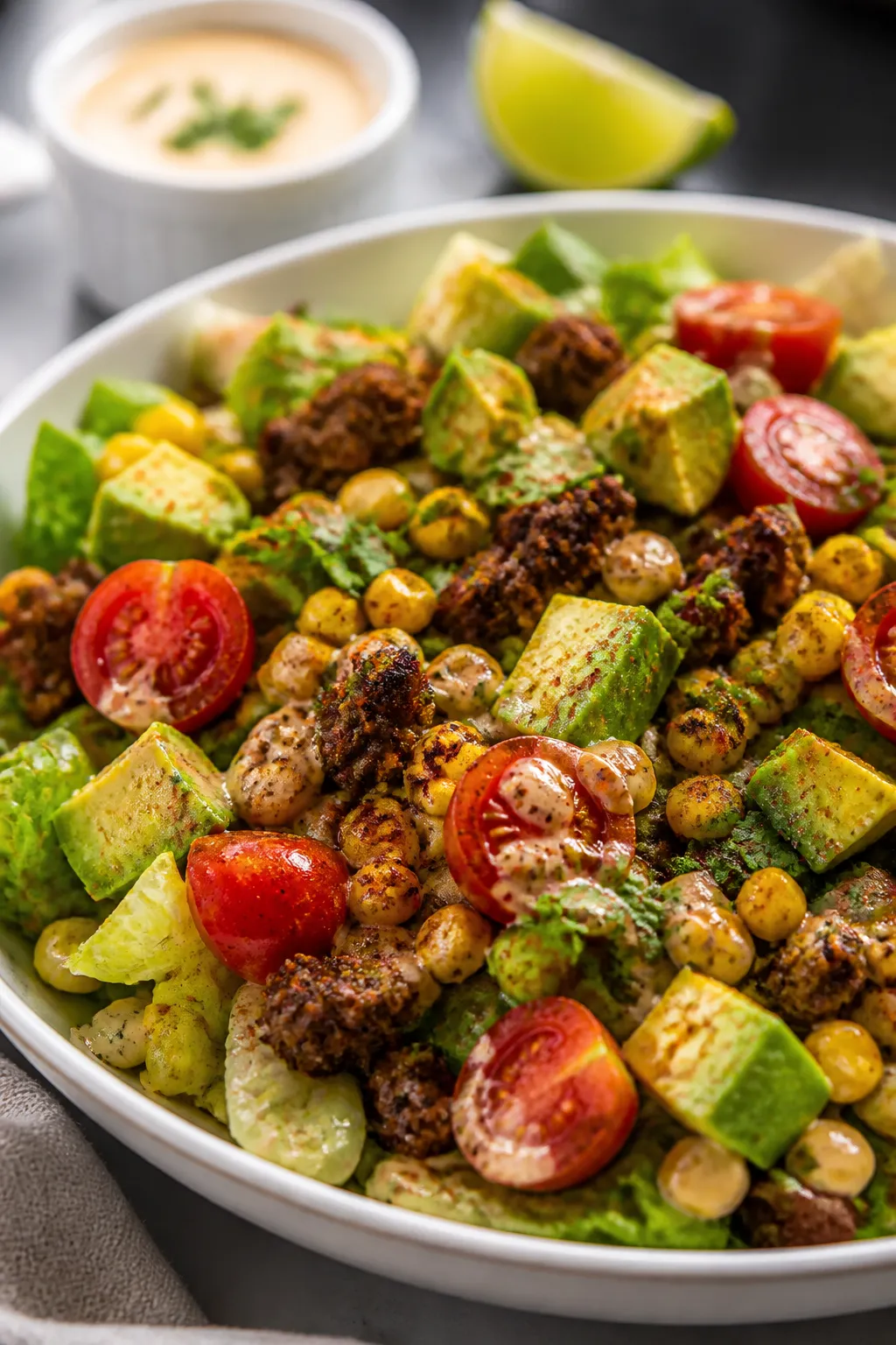 Final plated detail: Restaurant-quality presentation of the salad bowl at a 45-degree angle, tight f