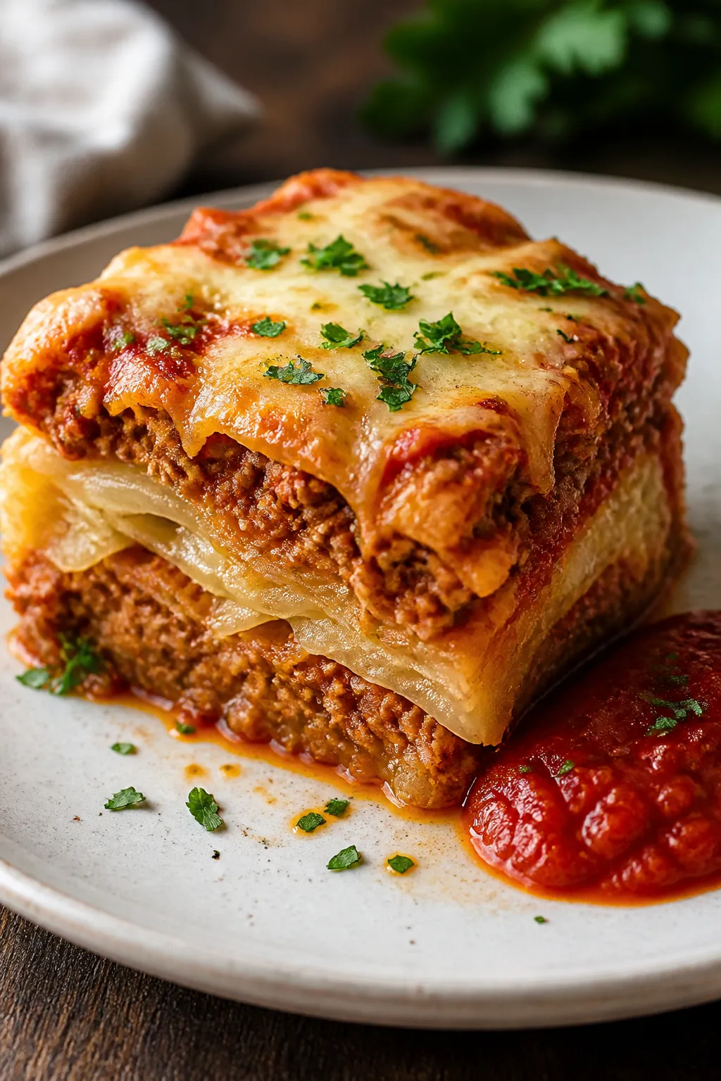 Final plated dish: A generously cut square of Low Carb Cabbage Roll Casserole plated on a white cera