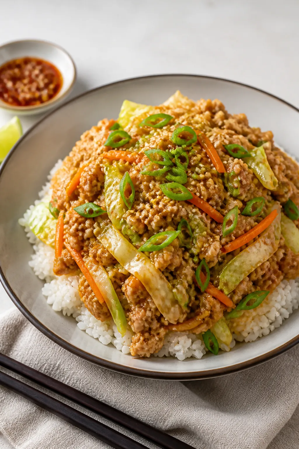 Final plated dish beauty shot: Ground Chicken Cabbage Stir Fry piled high in a wide, shallow ceramic