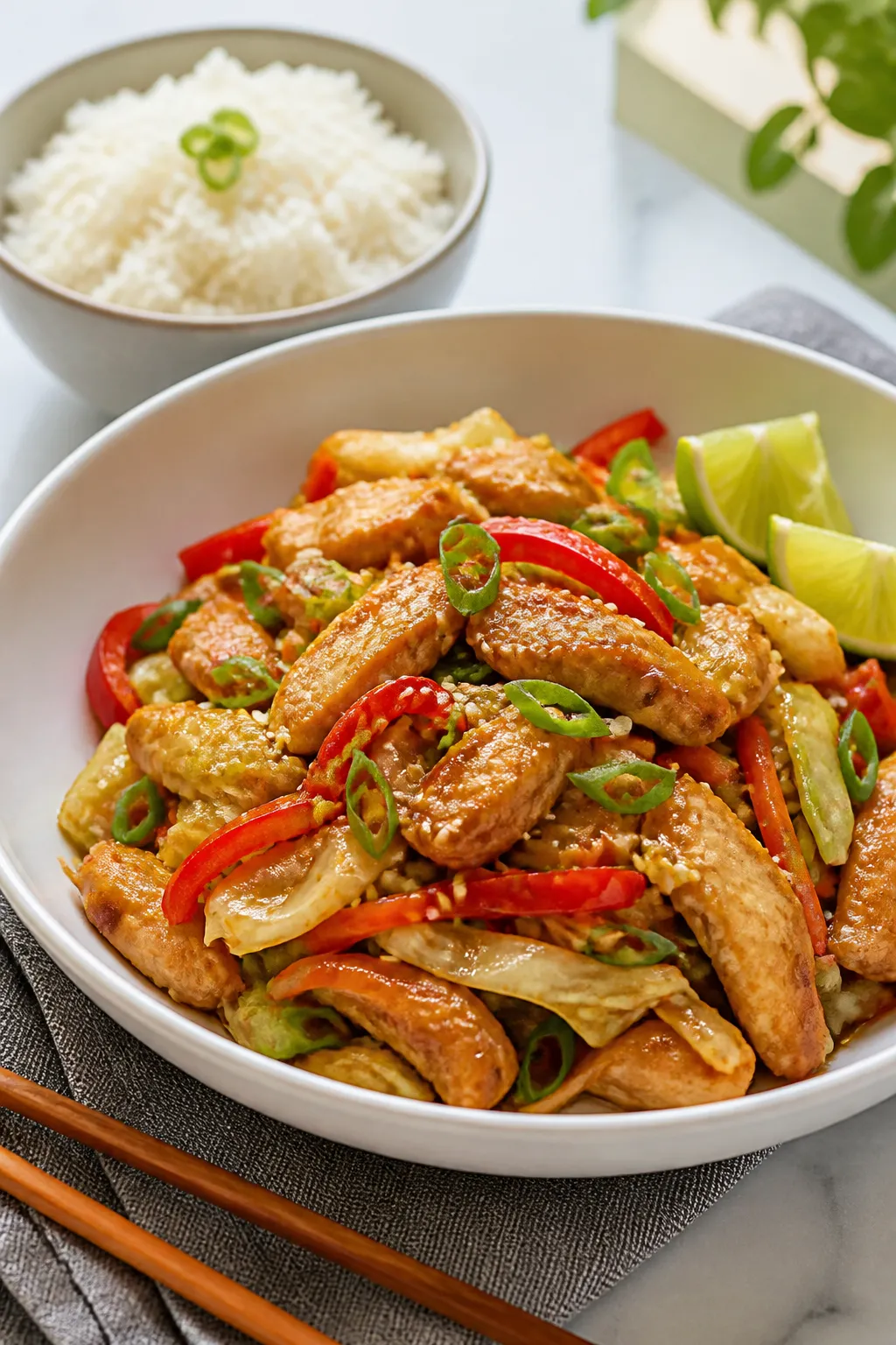 Final plated dish beauty shot: High Protein Chicken Cabbage Stir Fry artfully heaped in a wide, shal