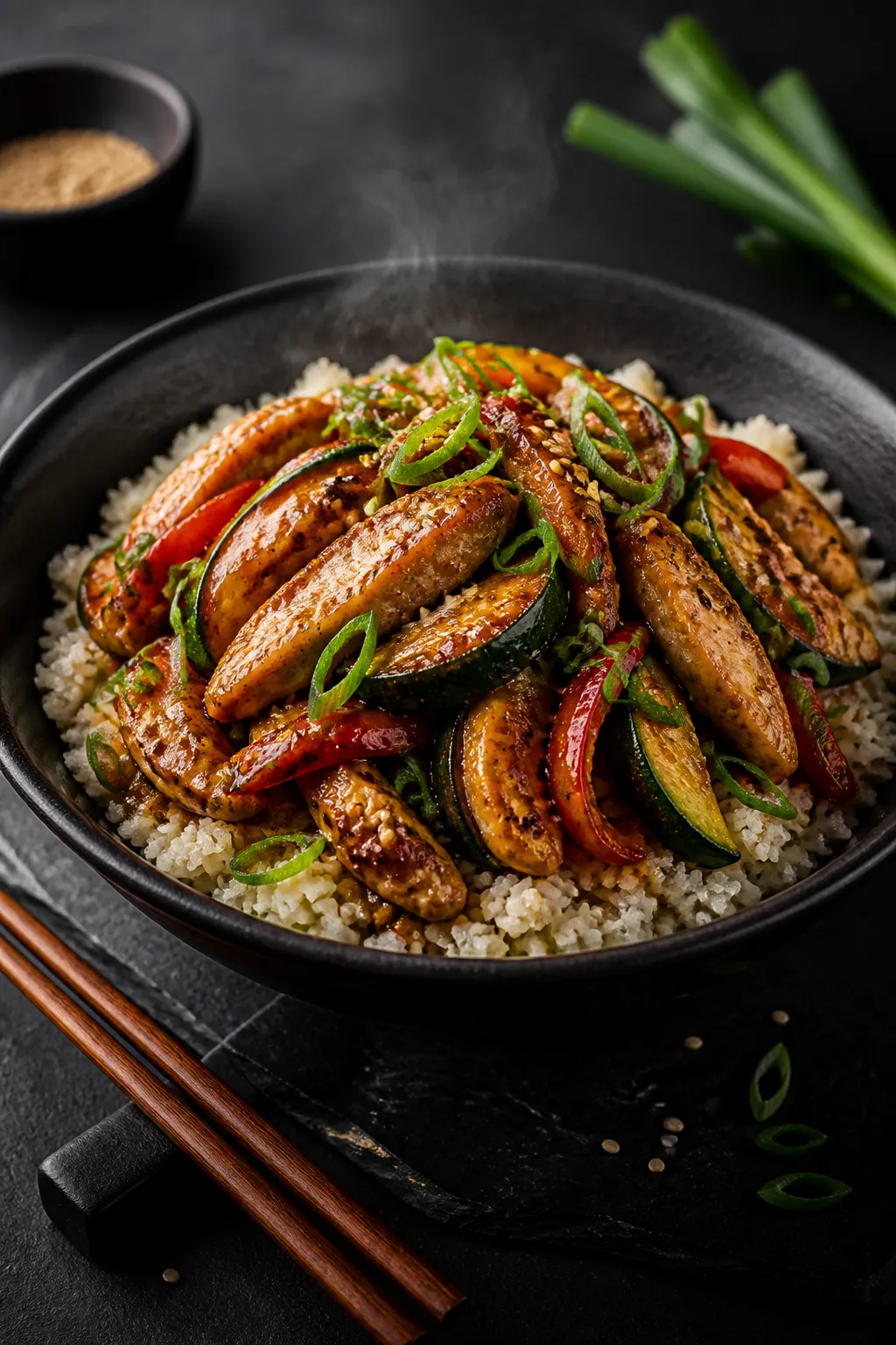 Final plated dish, : Elegantly plated bowl of chicken zucchini stir fry over fluffy cauliflower rice