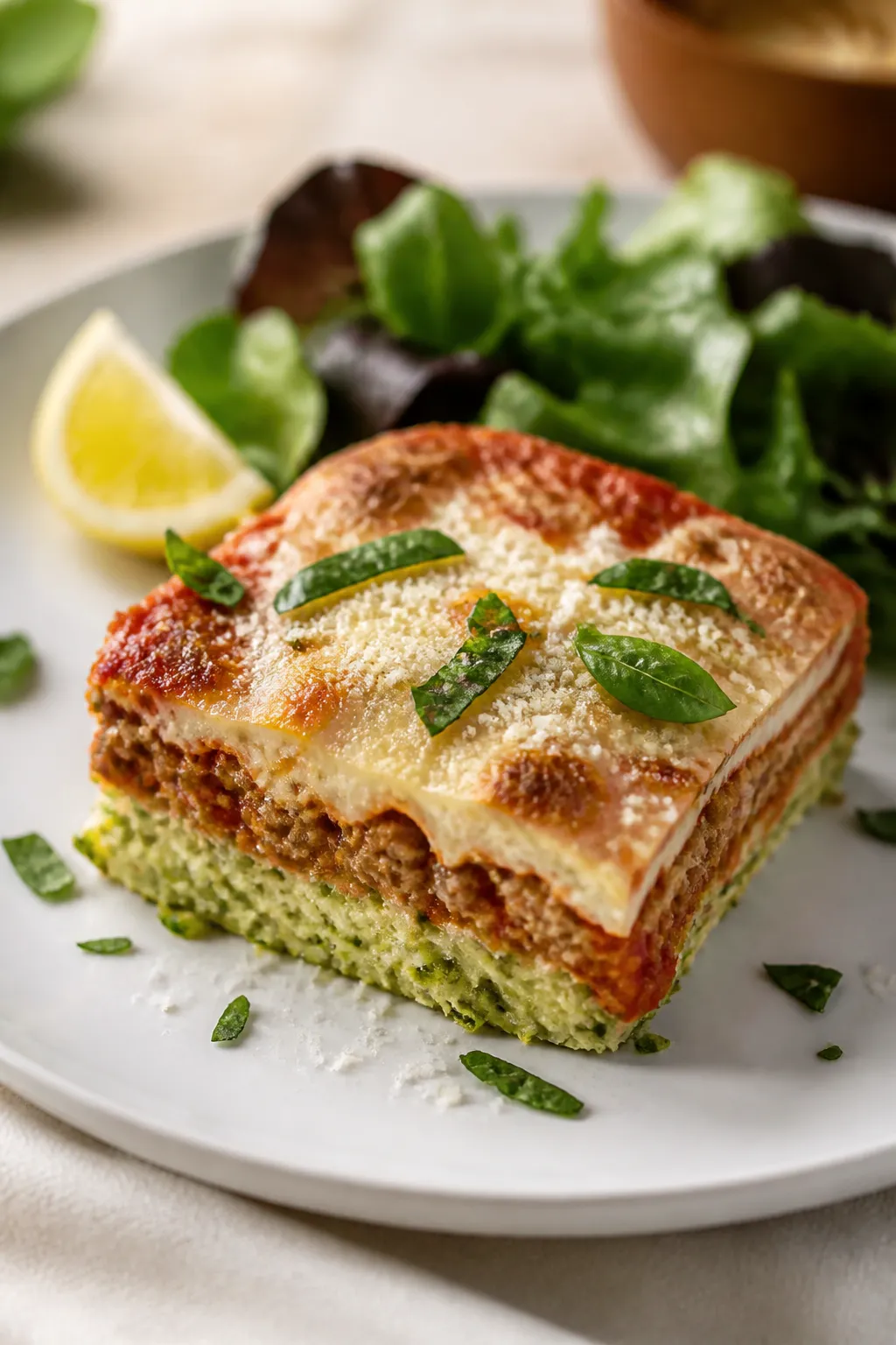 Final plated dish, restaurant-quality: A neatly cut square of High Protein Zucchini Pizza Casserole 