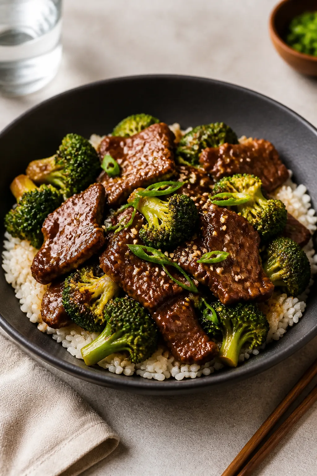 Final plated dish, restaurant-quality: Beautifully plated beef and broccoli over fluffy white rice i