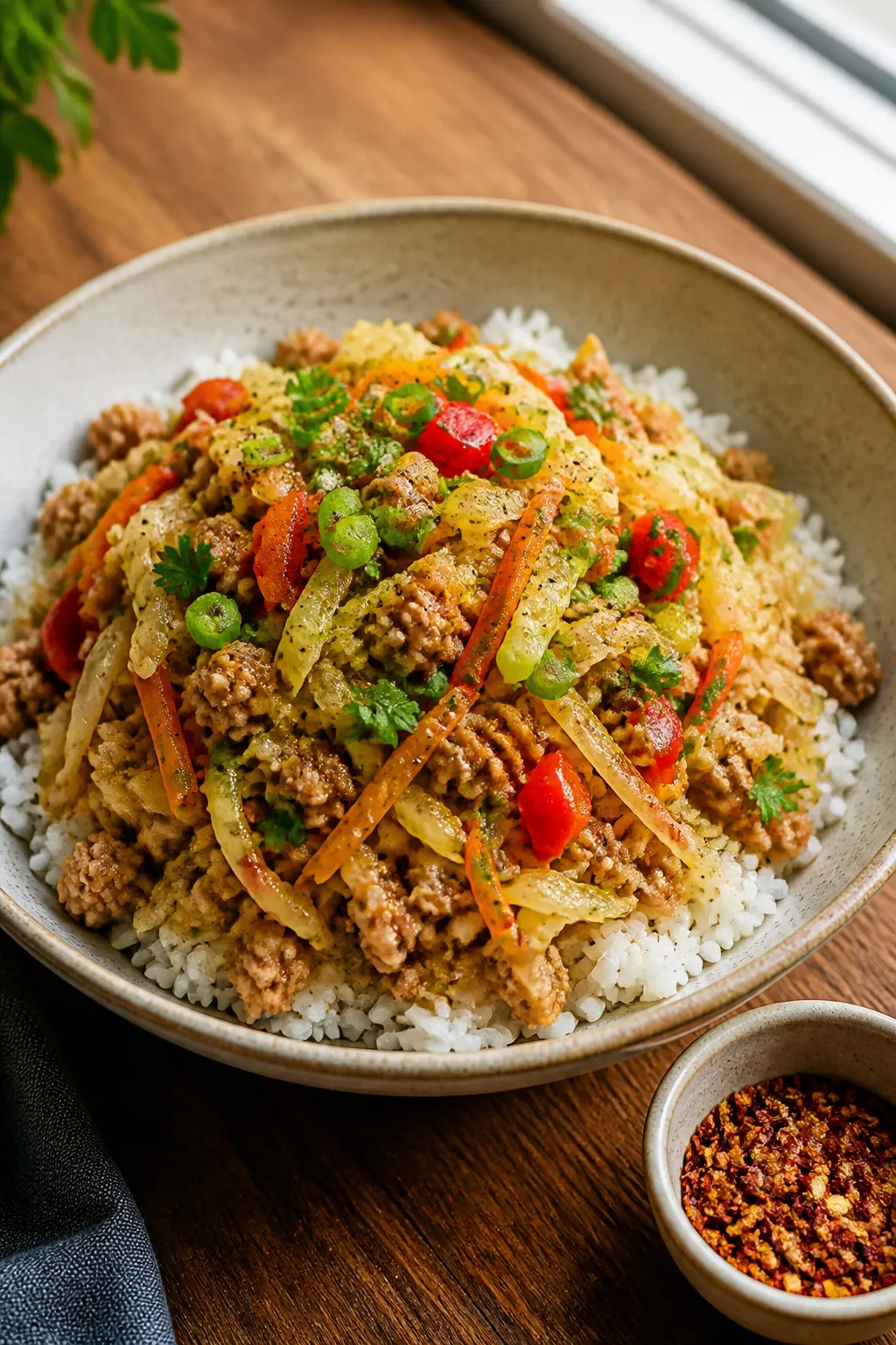 Final plated dish, restaurant-quality: Beautifully plated bowl of Ground Turkey Cabbage Skillet serv