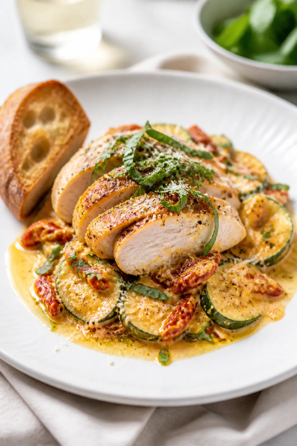 Final plated dish, restaurant-quality: Beautifully plated portion of Marry Me Chicken Zucchini Bake