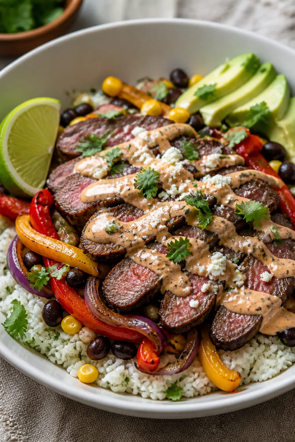 Final plated dish — Restaurant-quality bowl: Beautifully plated Steak Fajita Bowl in a wide, matte