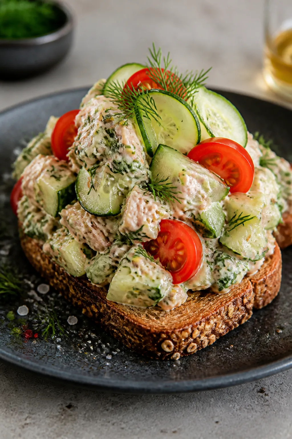 Final plated dish: Restaurant-quality open-faced whole-grain toast piled high with the tuna cucumber