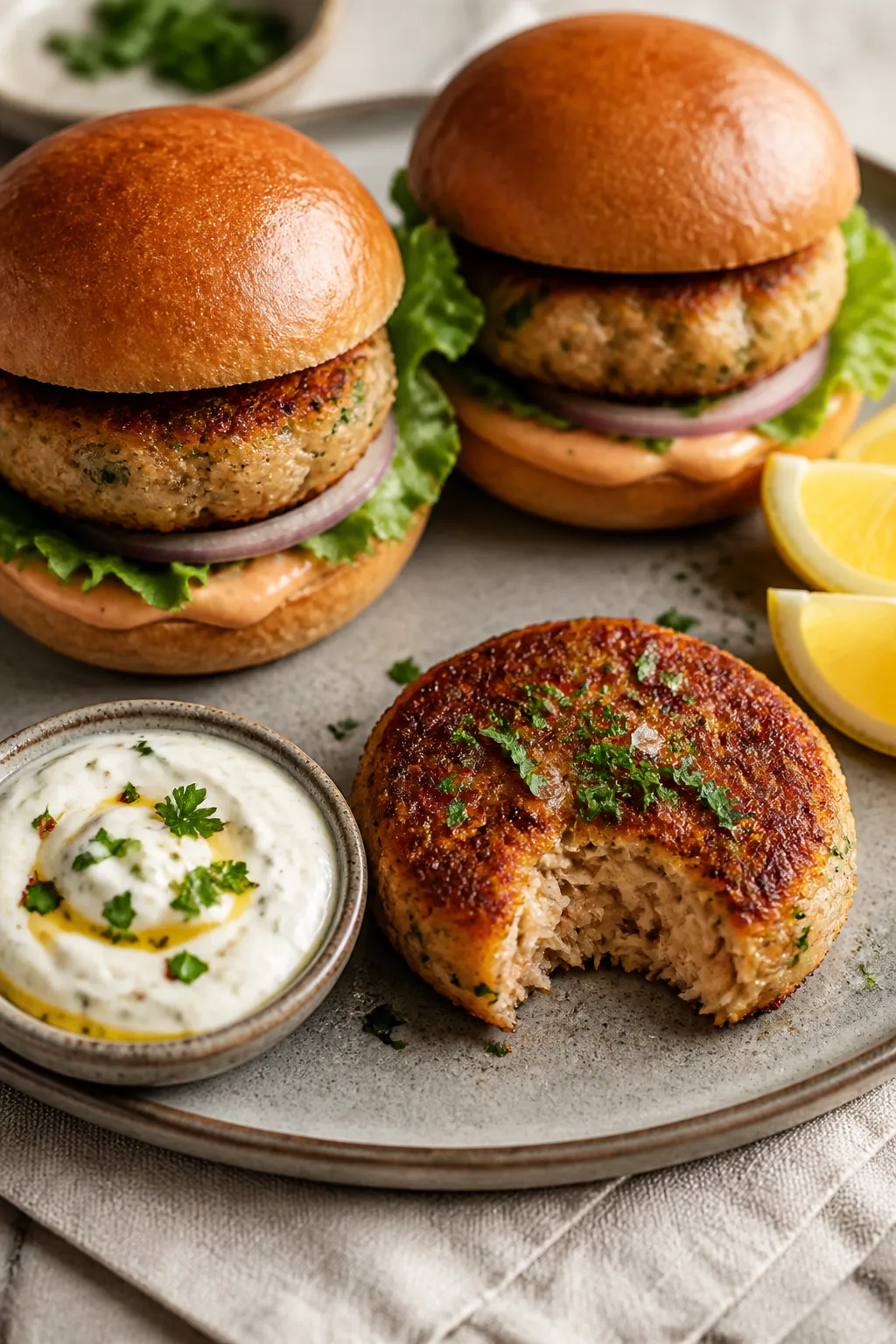 Final plated dish: Restaurant-quality presentation of tuna patties tucked into toasted brioche buns 