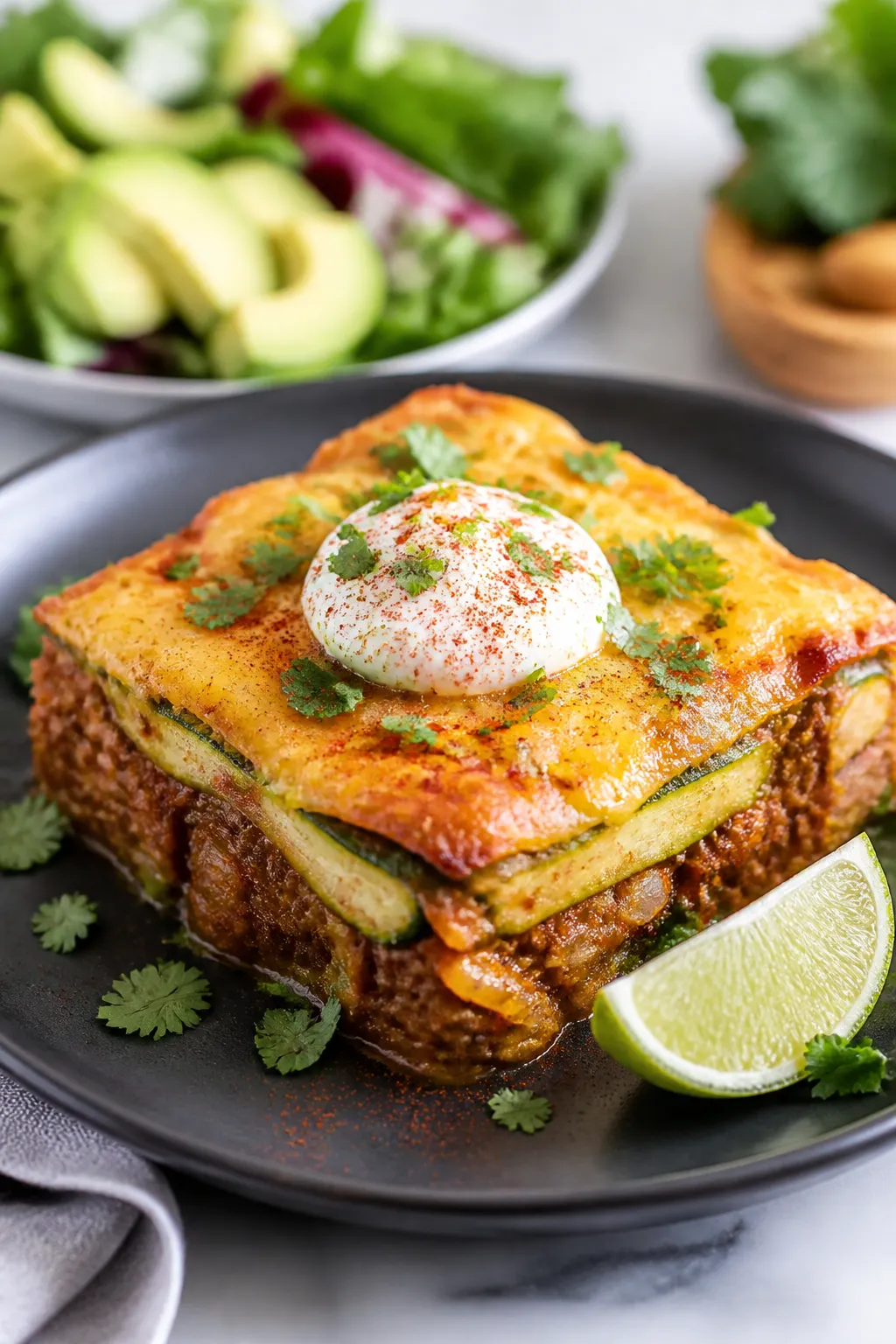 Final plated dish: Restaurant-quality presentation of a neat square slice of Low Carb Beef Enchilada