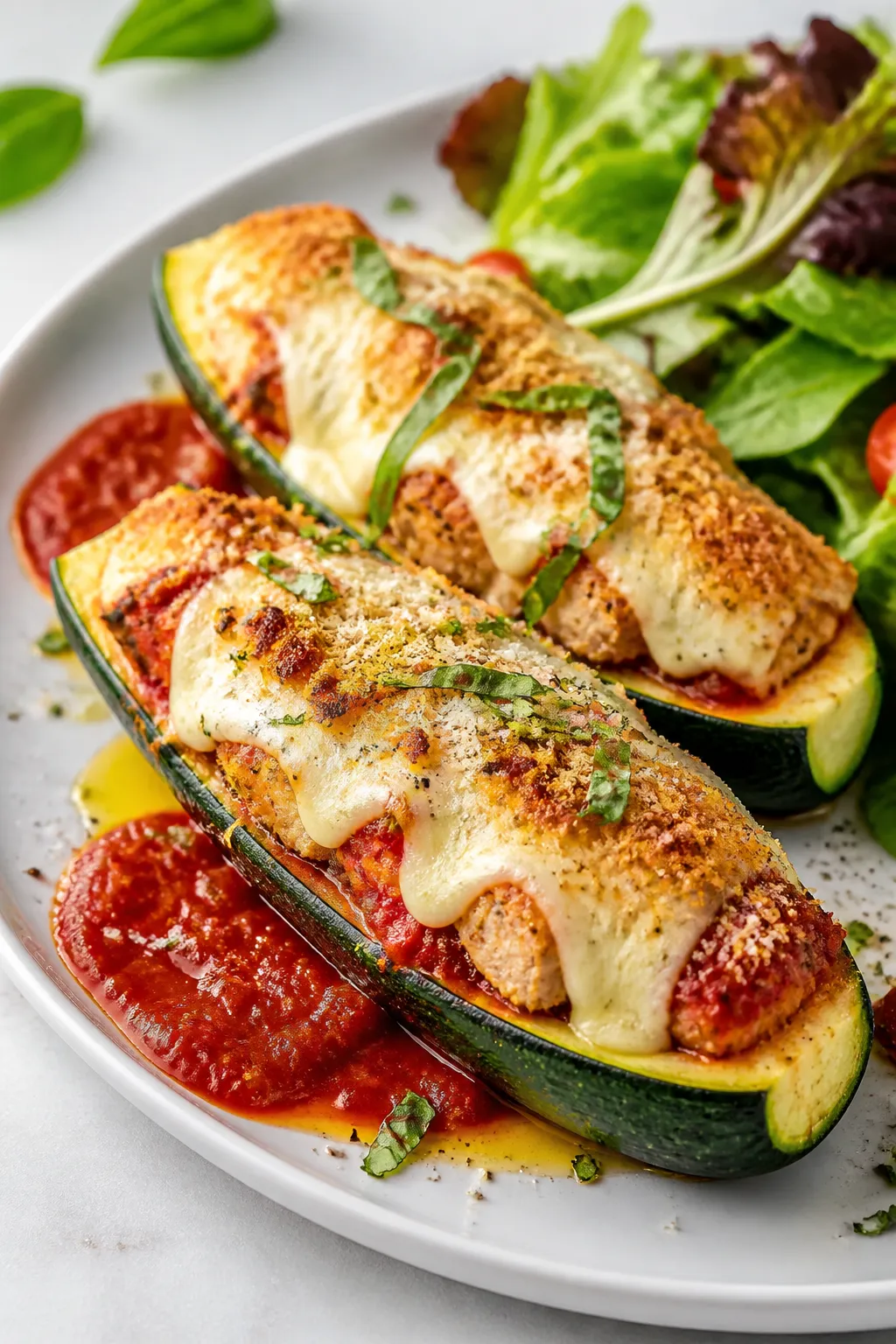 Final plated dish: Restaurant-quality presentation of two Chicken Parmesan Stuffed Zucchini boats on