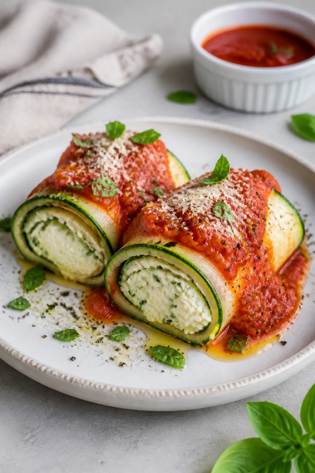 Final plated dish: Restaurant-quality presentation of two baked Cottage Cheese Zucchini Lasagna Roll