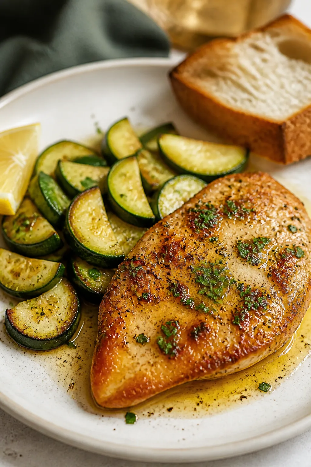 Final plated dish: Restaurant-quality presentation of Garlic Butter Chicken and Zucchini on a warm w