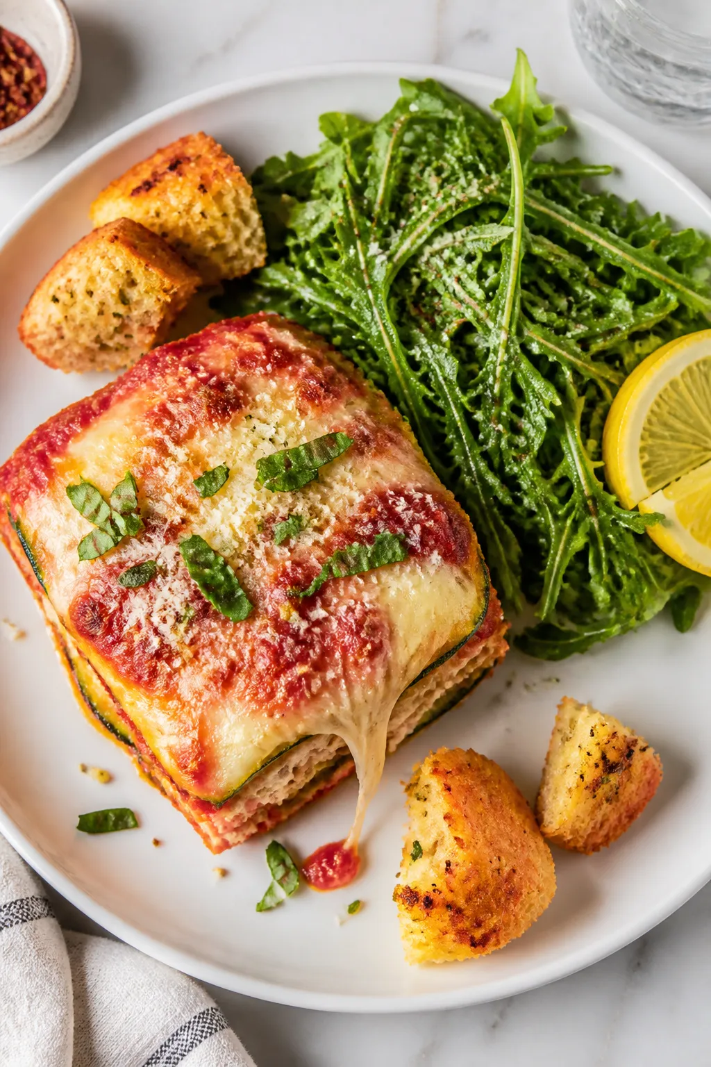 Final plated dish: Restaurant-quality presentation of a generous square of Chicken Mozzarella Zucchi