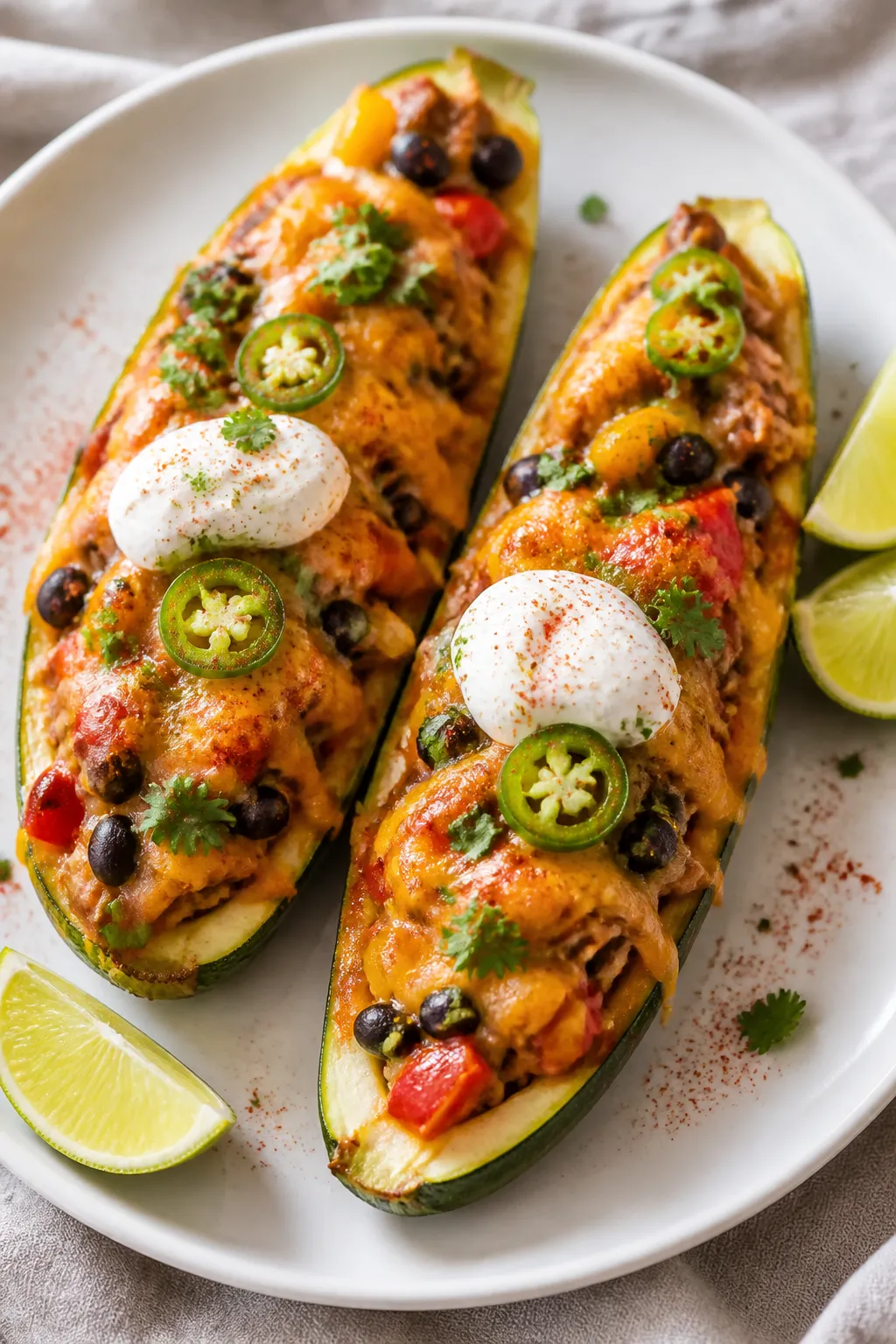 Final plated dish: Restaurant-quality presentation of two Southwest Chicken Zucchini Boats on a matt