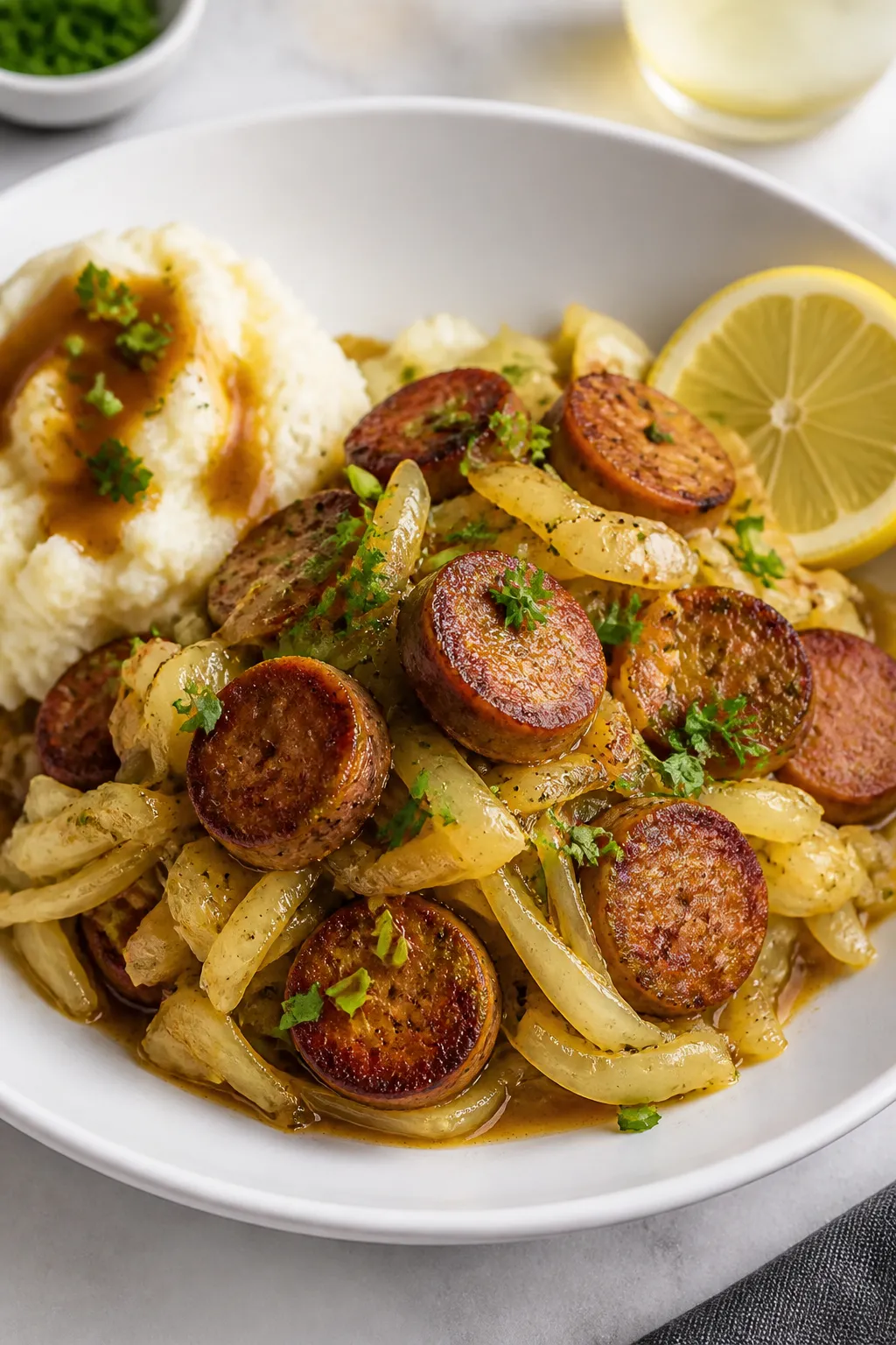Final plated dish, restaurant-quality presentation: Beautifully plated Chicken Sausage Cabbage Dinne