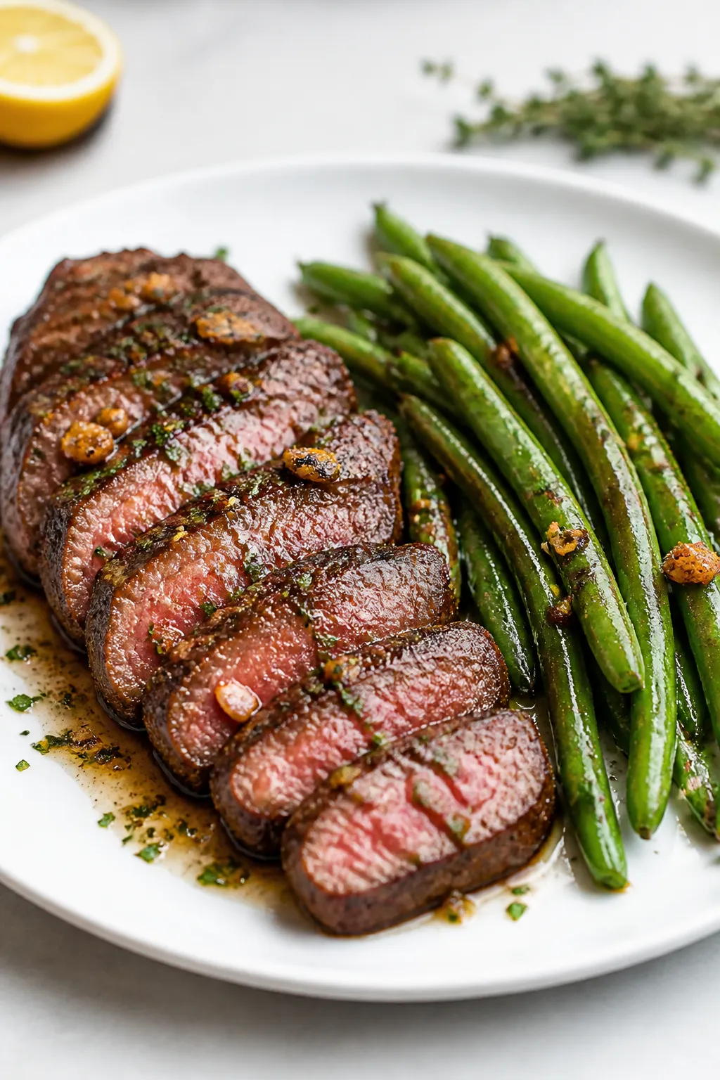Final plated dish: Restaurant-quality presentation of Garlic Steak and Green Beans on a wide white p