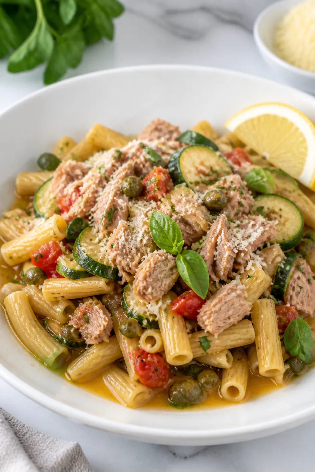Final plated dish, restaurant-style presentation: Beautifully plated Tuna Zucchini Skillet spooned o