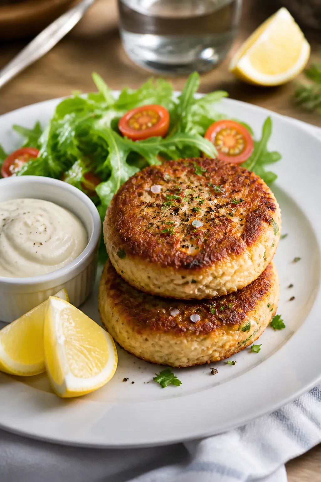 Final plated dish: Two tuna patties stacked slightly offset on a white ceramic plate, garnished with