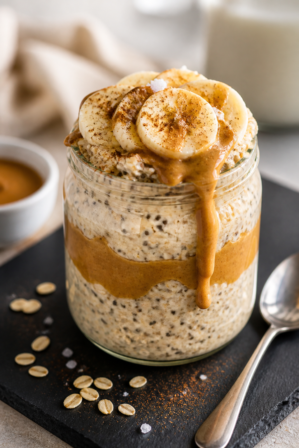 Final plated elegance: A clear glass parfait jar layered to show off creamy overnight oats with visi