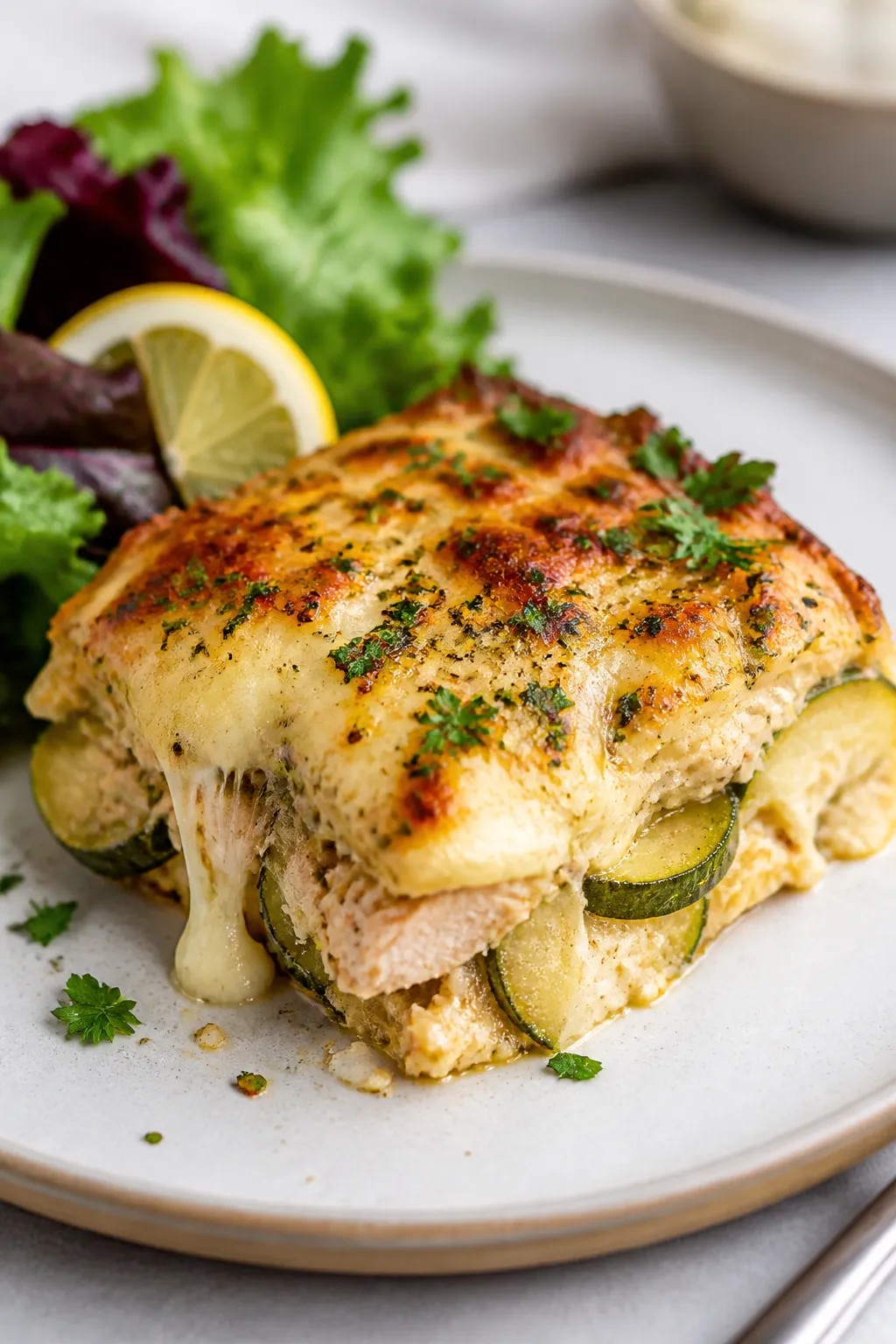 Final plated hero: A generous square of High Protein Chicken Zucchini Bake with a lightly golden, ch