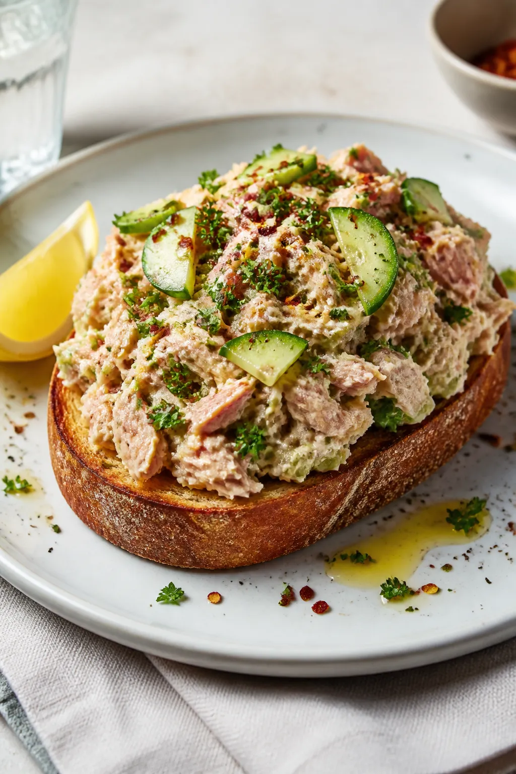 Final plated hero: Beautifully piled tuna salad on thick sourdough toast, garnished with chopped par