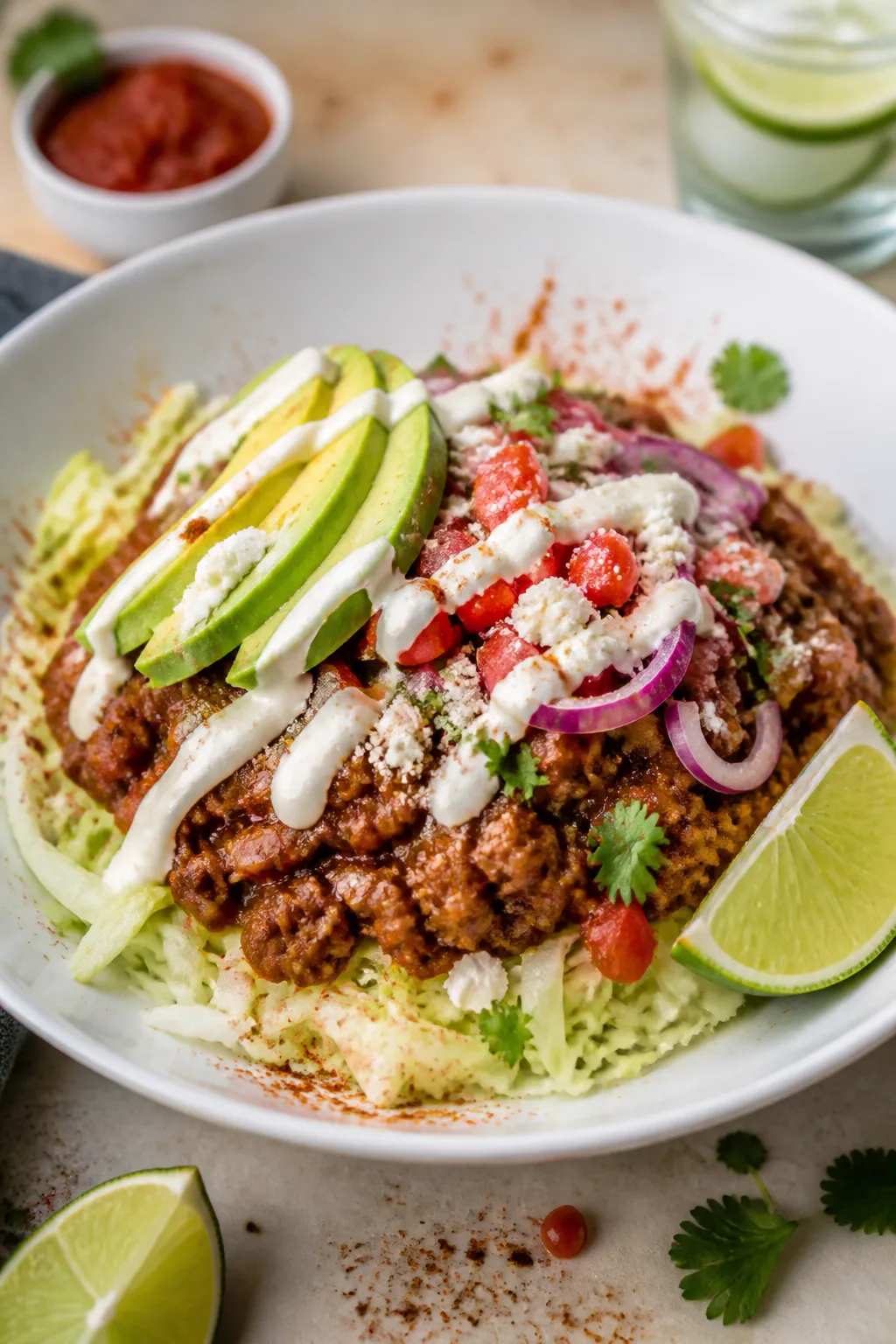 Final plated hero: Beautifully plated Ground Beef Cabbage Taco Bowl in a wide shallow white bowlāl