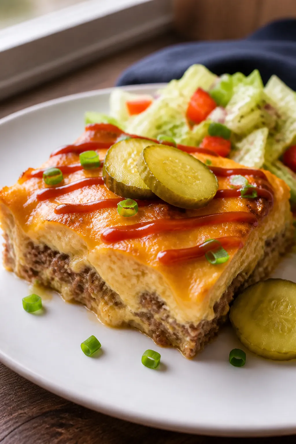 Final plated hero: Golden, set Low Carb Cheeseburger Casserole square on a matte white dinner plate,