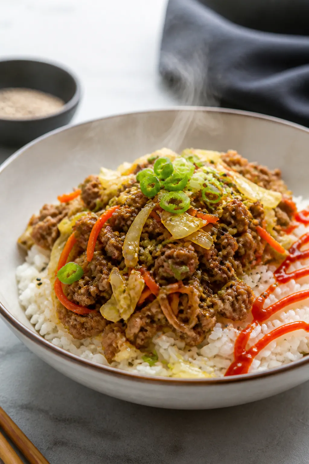 Final plated hero, restaurant-quality presentation: Beautifully plated Ground Beef & Cabbage Power B