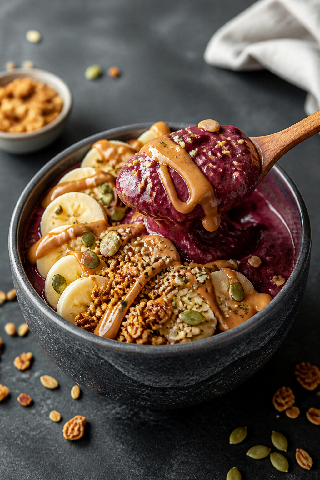 Final plated hero: Restaurant-quality presentation of the finished acai smoothie bowl at a 45-degree