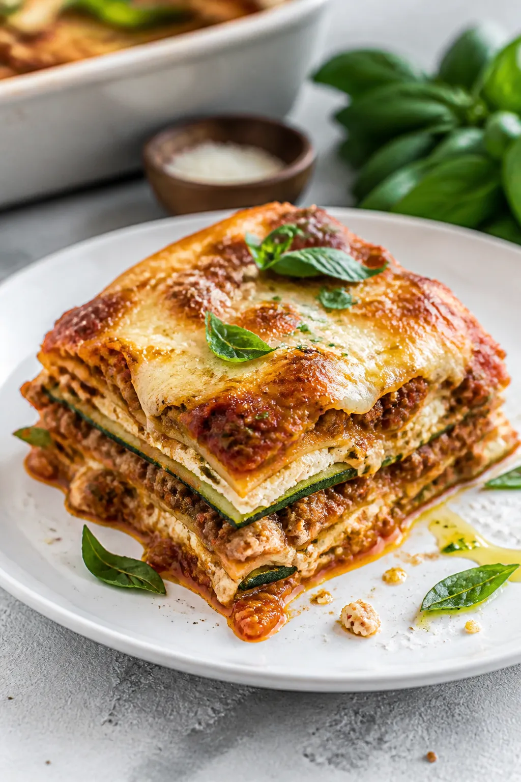 Final plated hero shot: A clean, square slice of baked Keto Ground Beef Zucchini Lasagna on a white