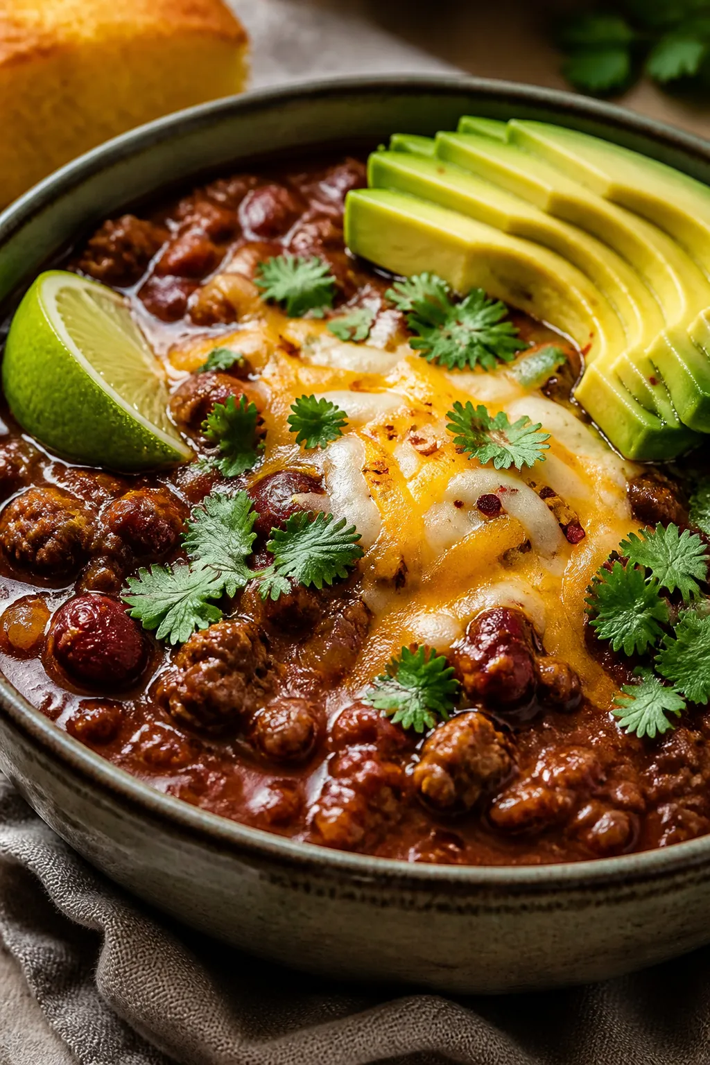 Final plated hero shot, close-up: Restaurant-quality bowl of beef chili with a glossy, spoon-coating