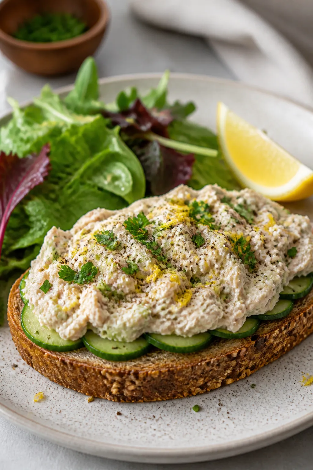Final plated hero shot: Open-faced whole-grain sandwich layered with Cottage Cheese Tuna Salad, thin