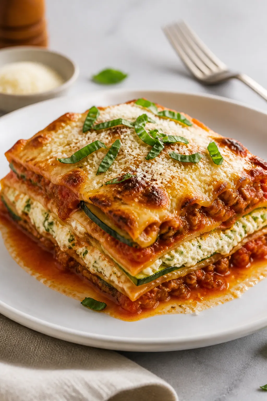 Final plated hero shot: Slice of high-protein ground turkey zucchini lasagna served on a matte white