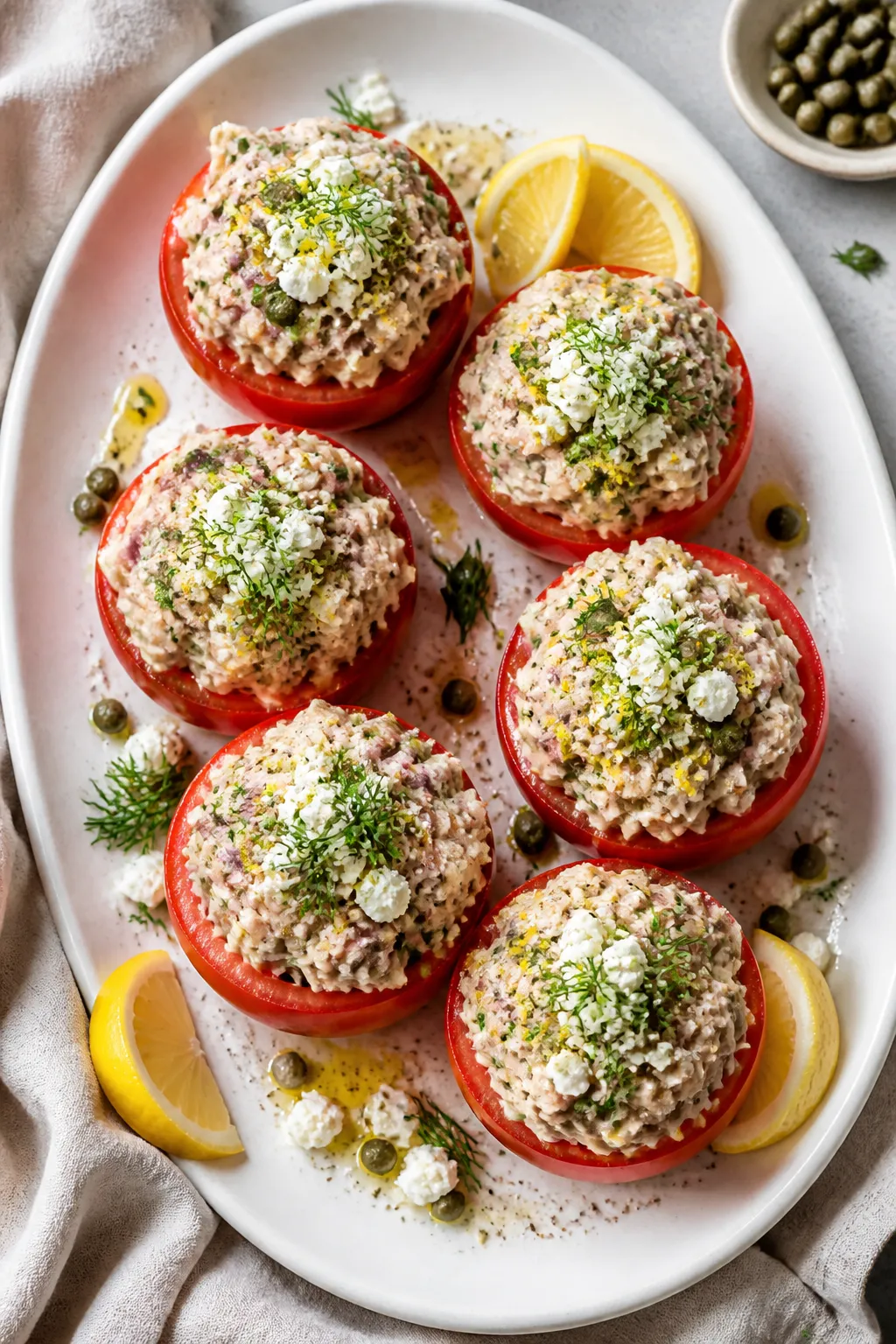 Final plated overhead: Mediterranean Tuna Stuffed Tomatoes arranged on a white platter, each tomato