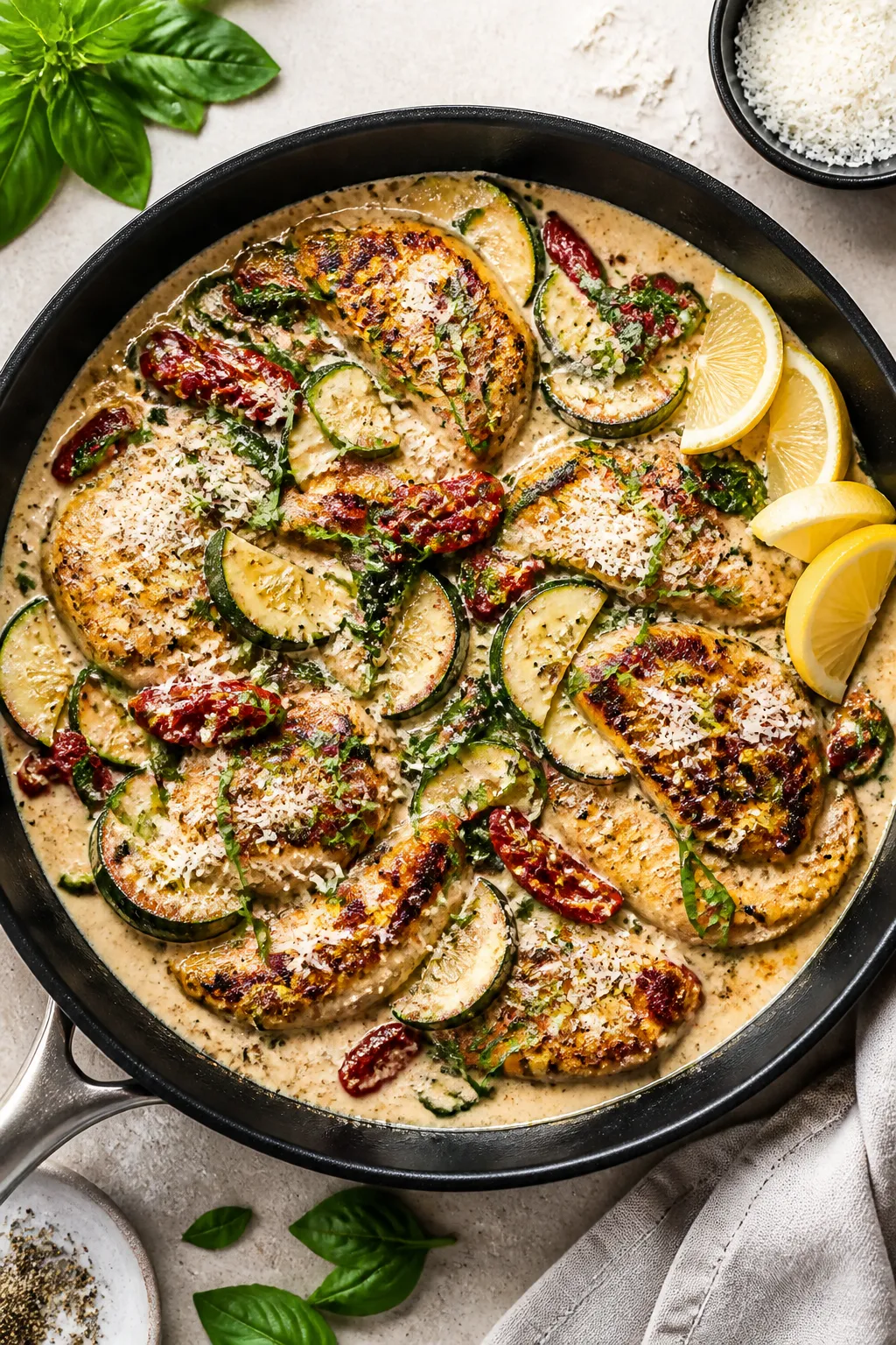 Final plated overhead: Tasty top view of Creamy Tuscan Chicken Zucchini Skillet served family-style 