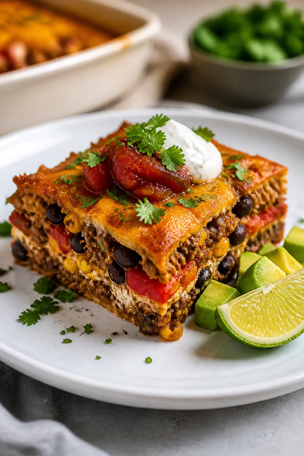 Final plated presentation: A neat square slice of High Protein Beef Taco Casserole on a wide white p