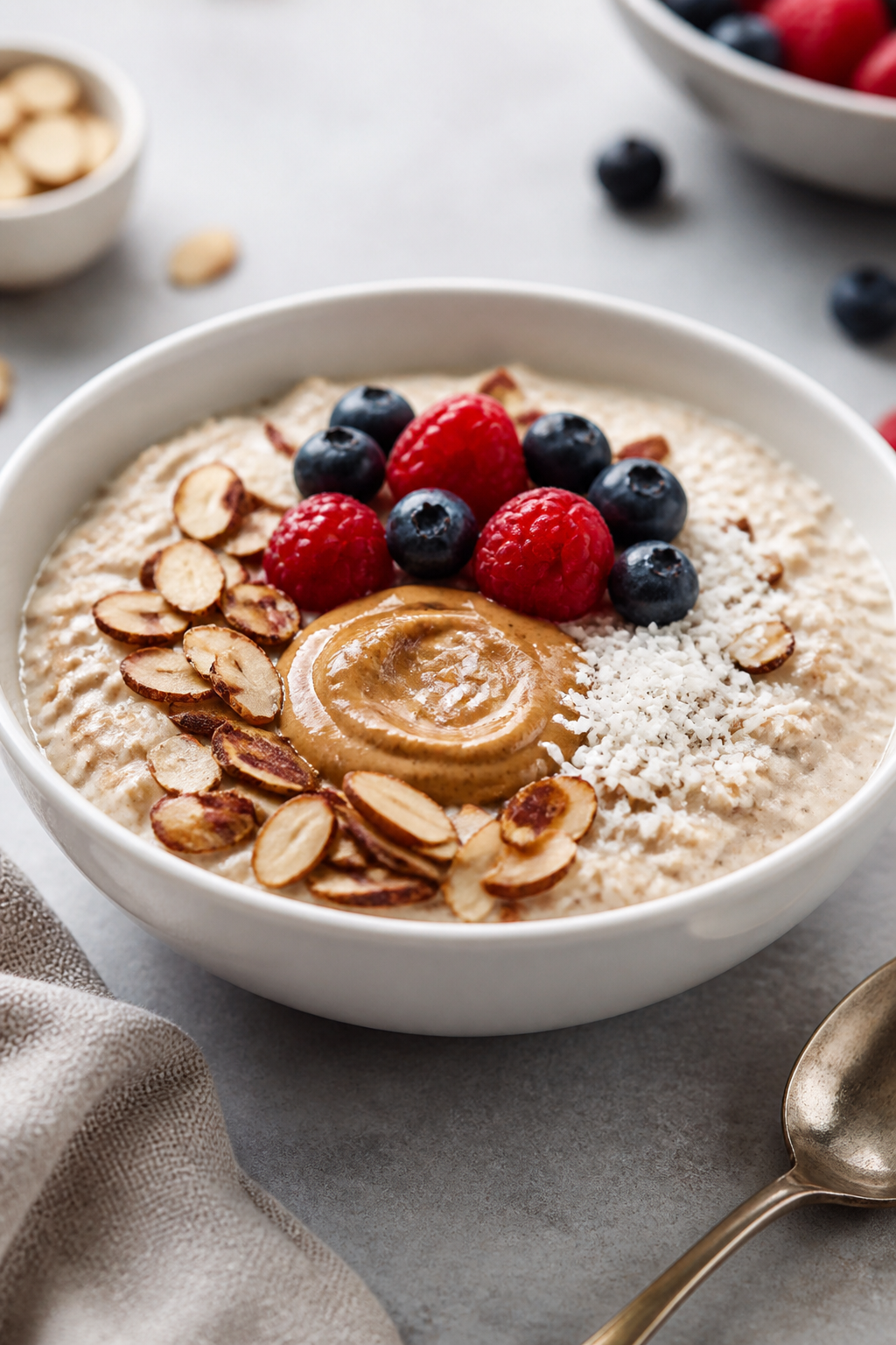 Final plated presentation: Beautifully styled serving of Coconut Almond Protein Overnight Oats in a