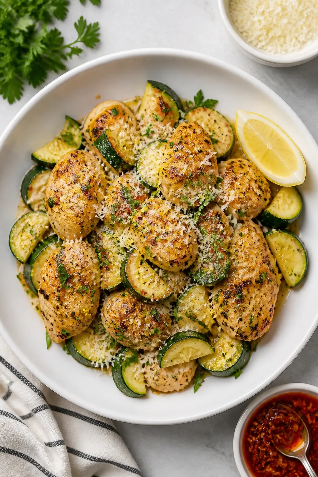 Final plated presentation: Garlic Parmesan Chicken Zucchini Skillet served in a wide, shallow white