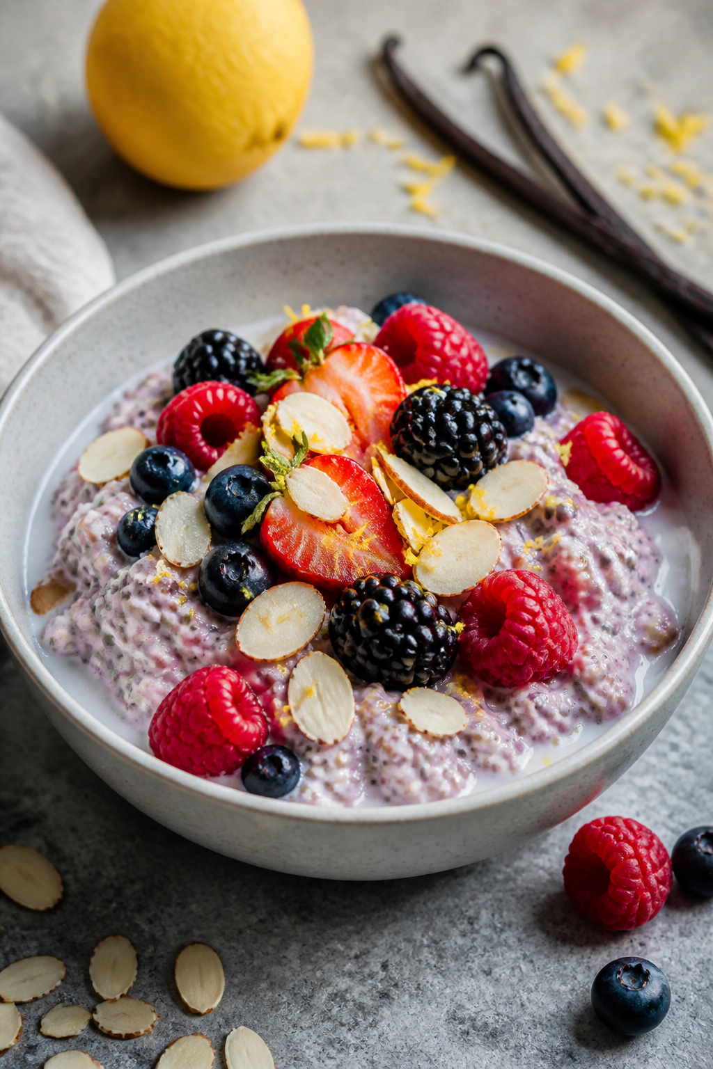 Final plated presentation: Restaurant-quality bowl of the finished triple berry protein overnight oa