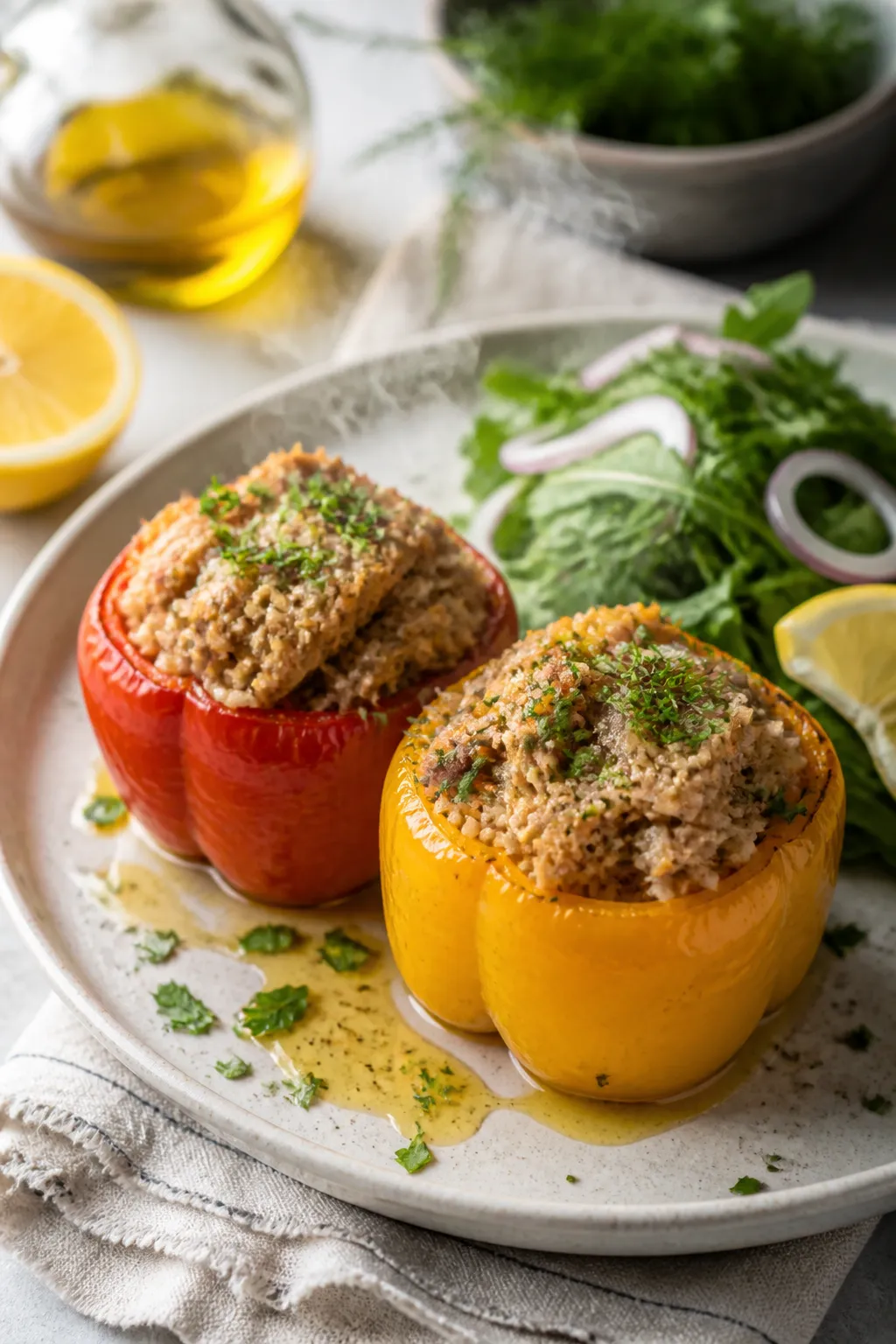 Final plated presentation: Restaurant-quality plate with two finished tuna-stuffed peppers (one red,