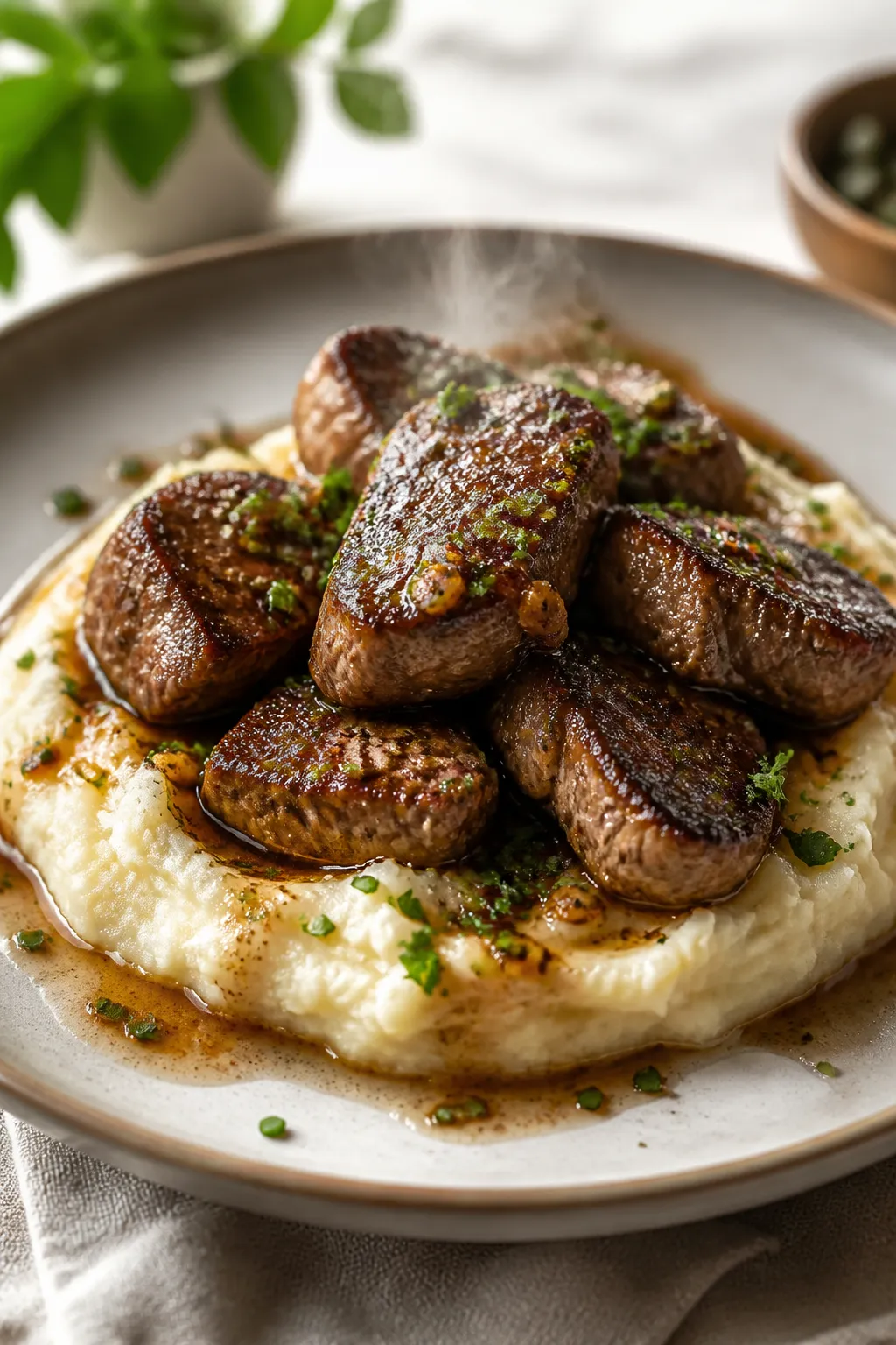 Final plated presentation: Restaurant-quality plate of garlic butter steak bites over creamy mashed