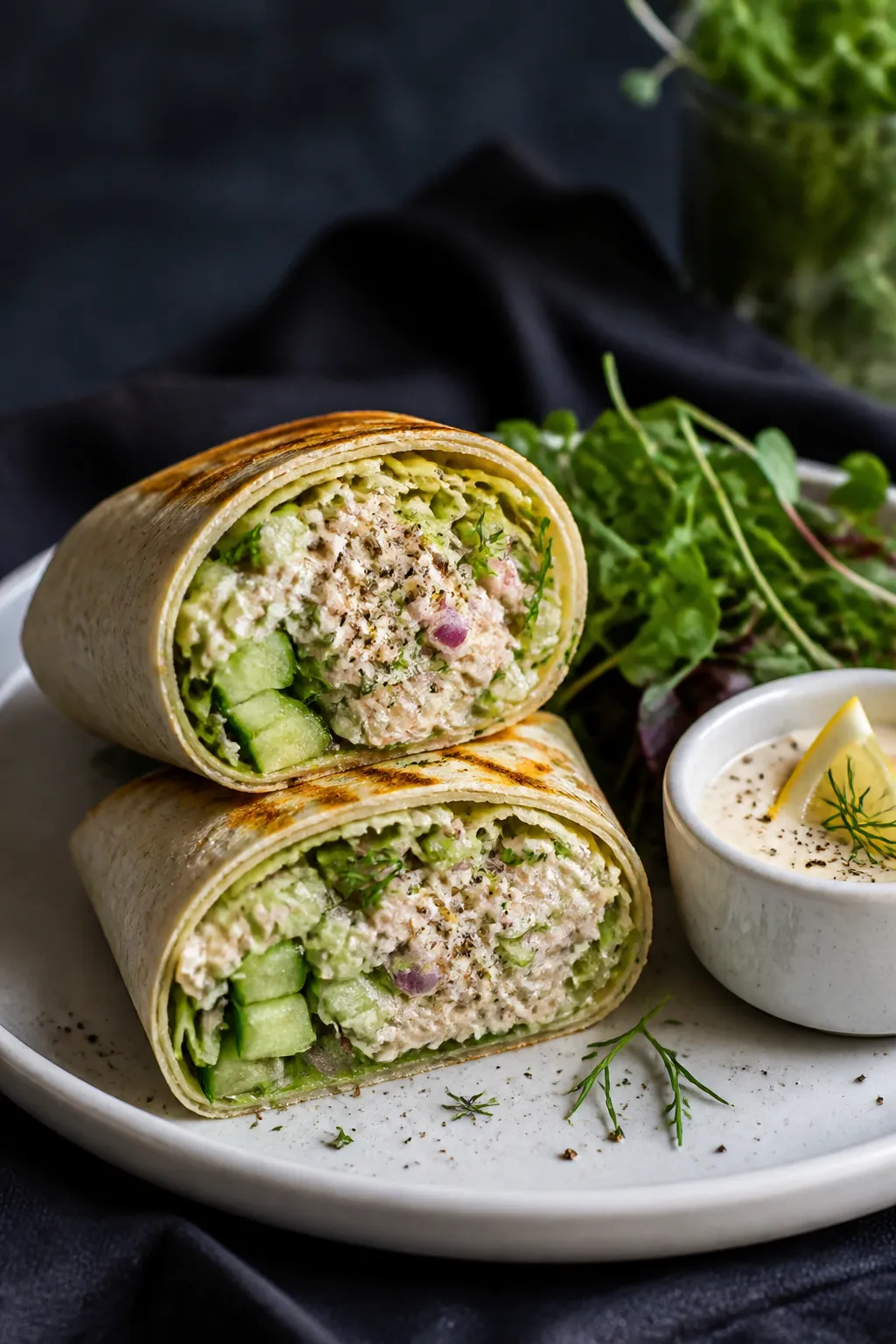 Final plated presentation: Two finished high-protein tuna wraps, tightly rolled and seared lightly i