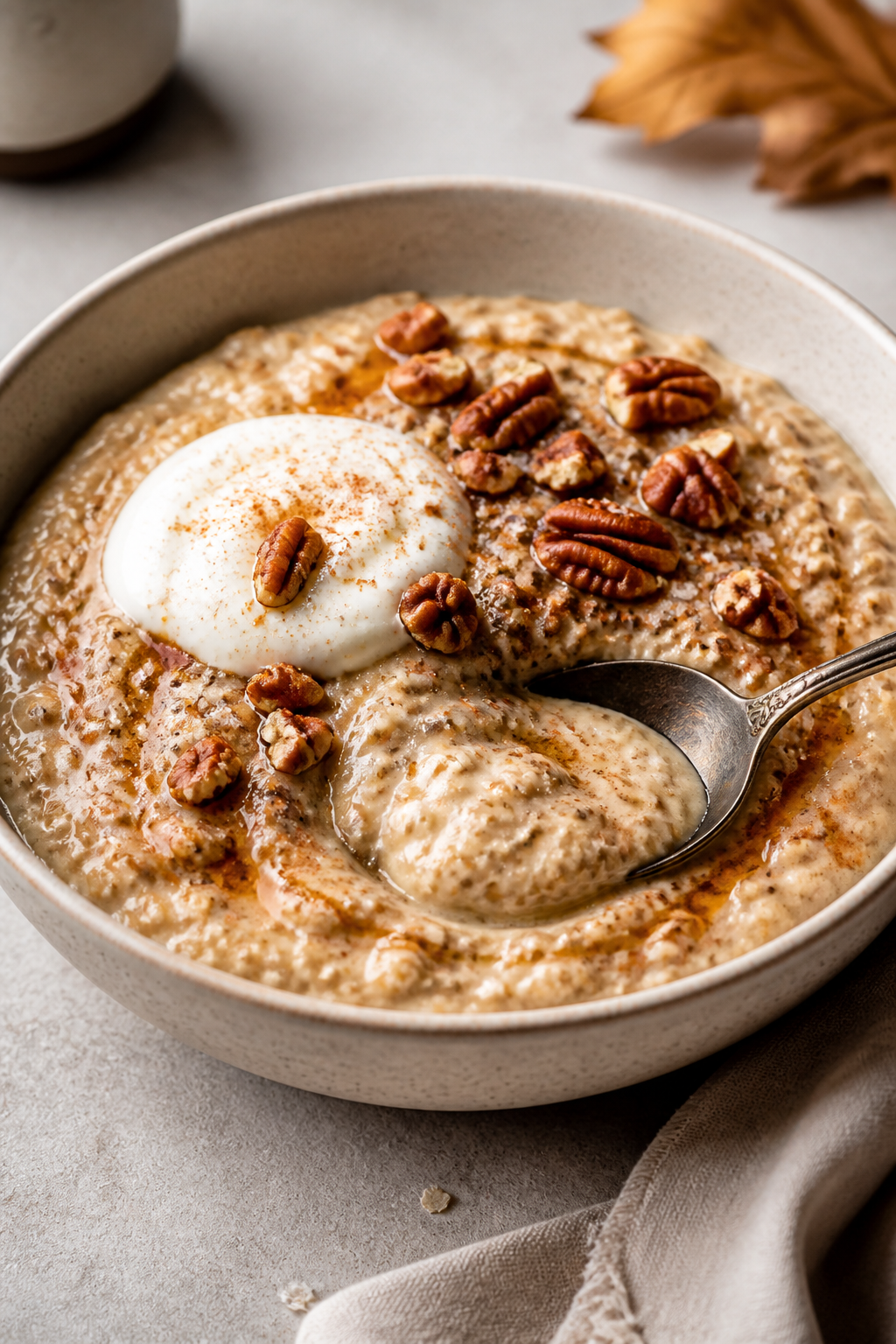 Final plated presentation: Warmed maple pecan high-protein overnight oats served in a shallow cerami
