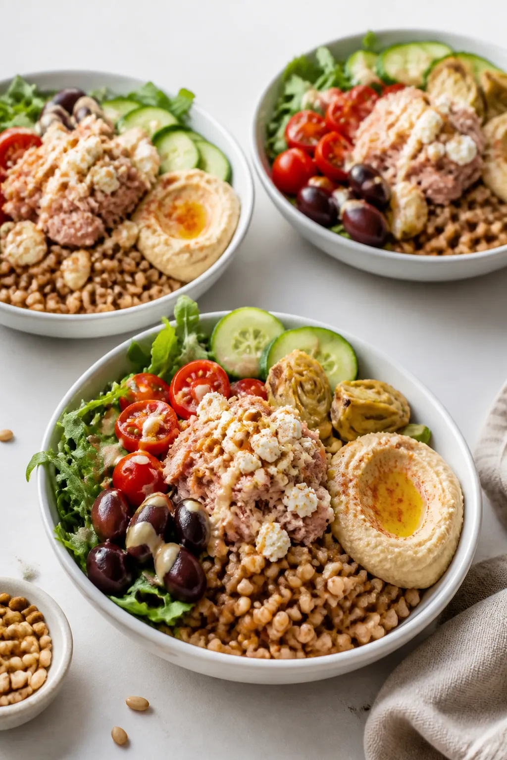 Final plated showcase — restaurant-quality presentation: Three arranged power bowls on a matte whi
