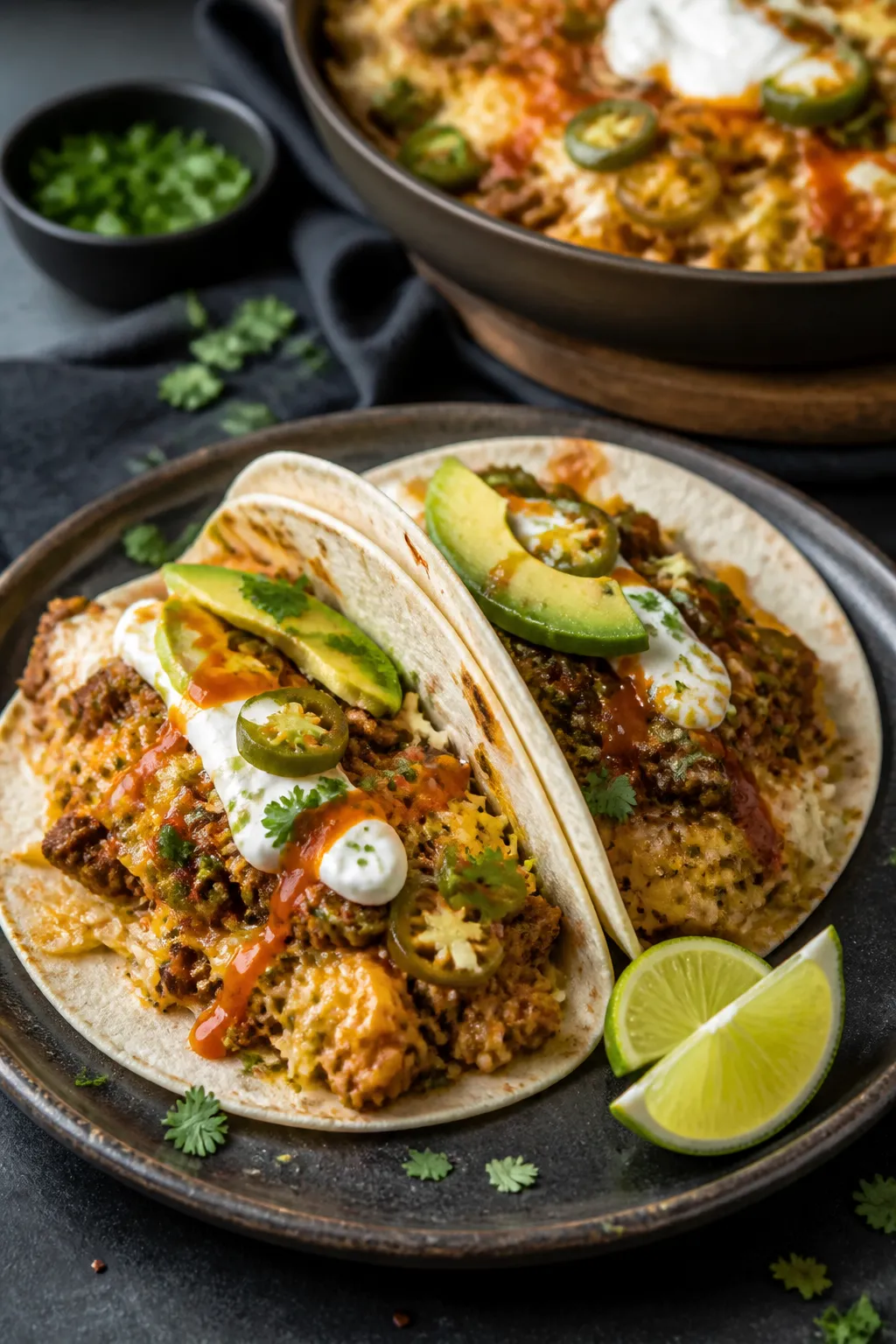 Final plated taco-night presentation: Beautifully plated High Protein Cabbage Taco Skillet spooned i