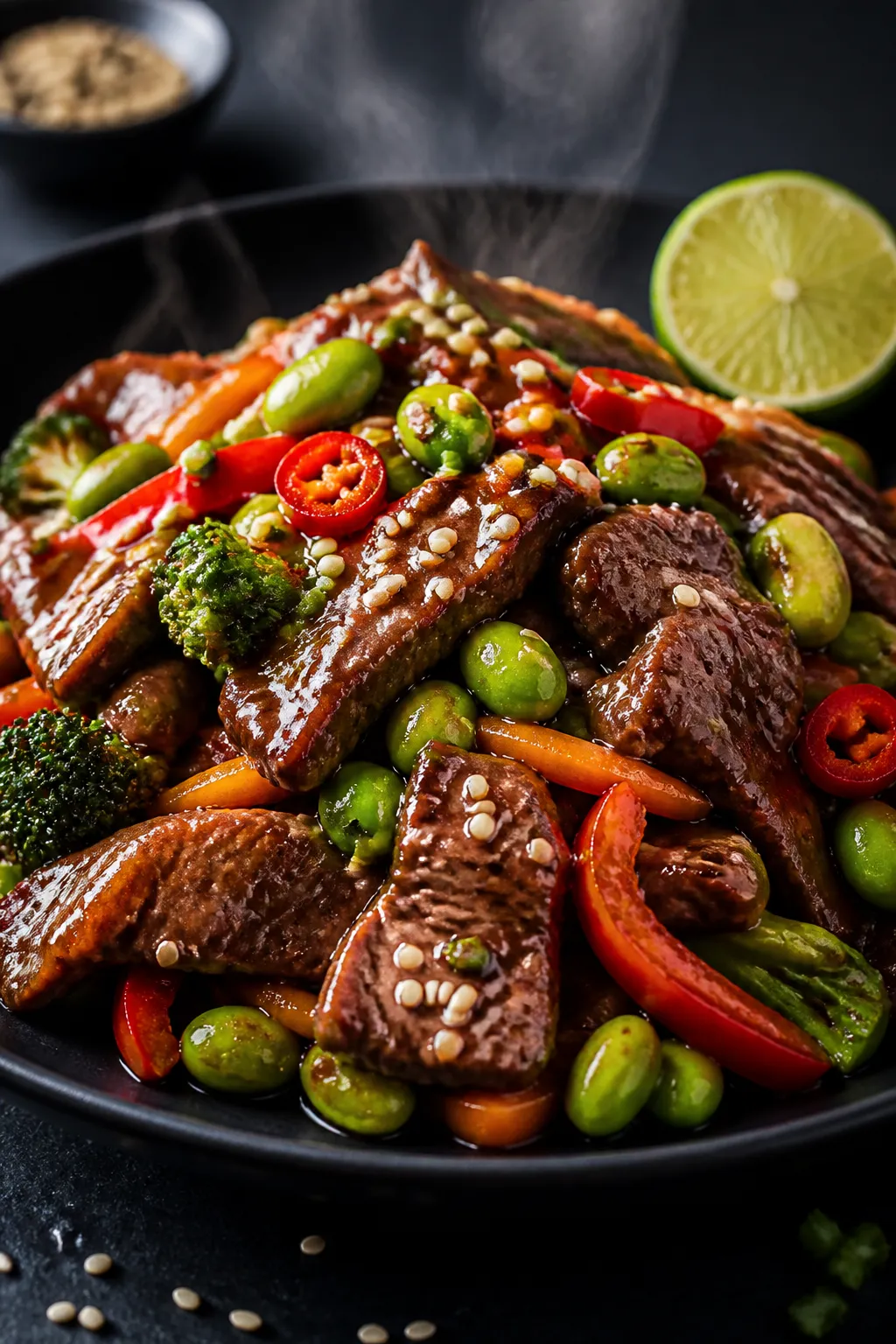 Final presentation glamour: Hero plate of steak stir fry without rice, piled high on a matte black s