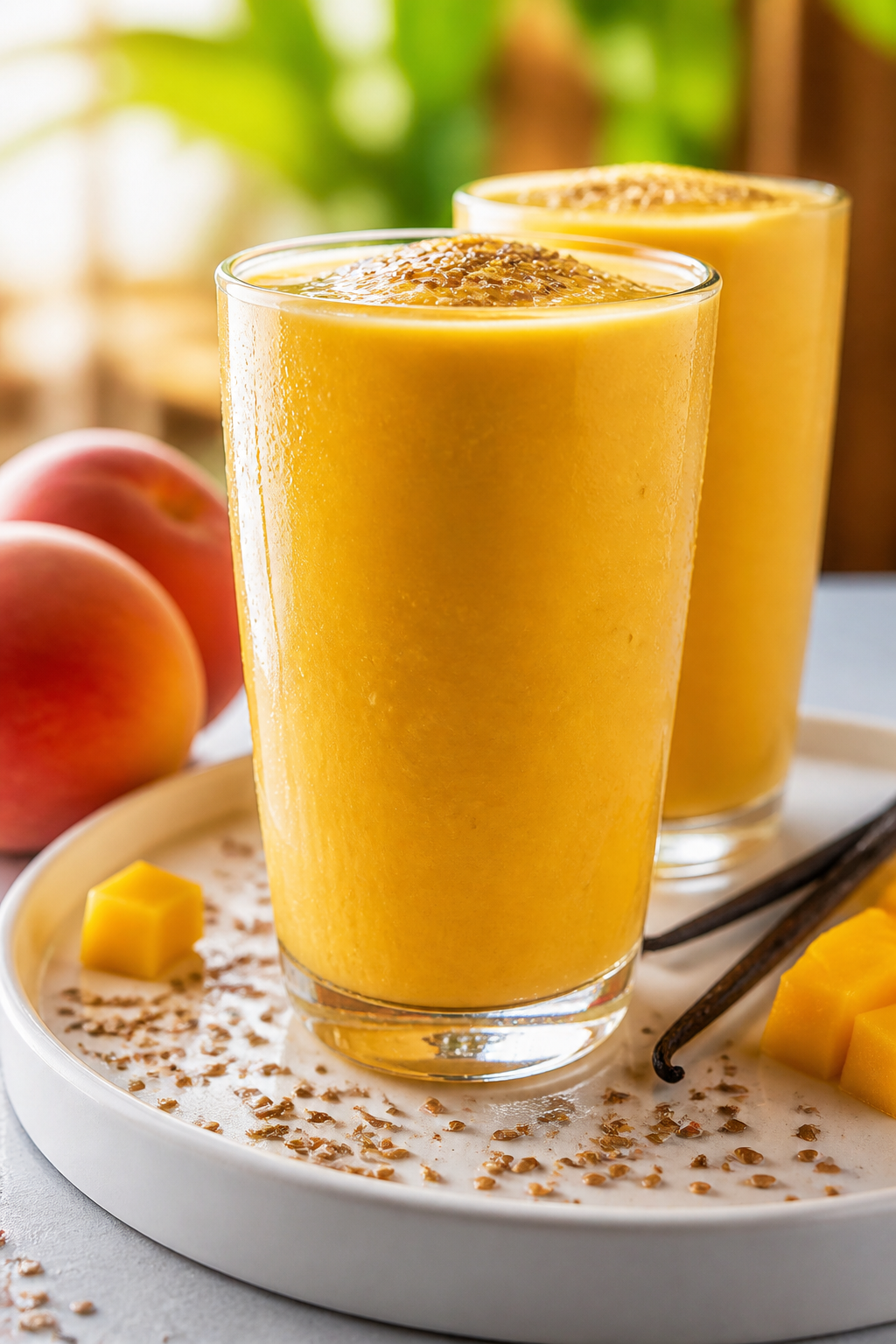 Final presentation hero: Restaurant-quality scene of the smoothie fully prepared and styled—two ta